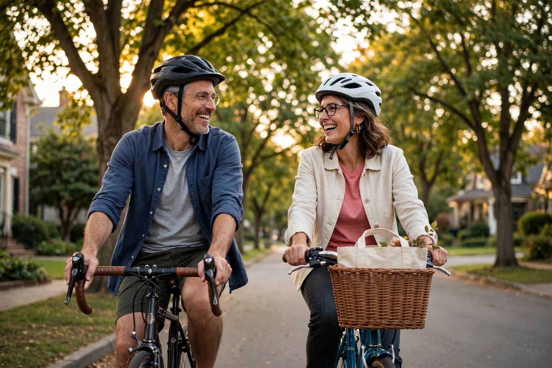 Mature couple riding bicycles side by side through a pretty neighborhood