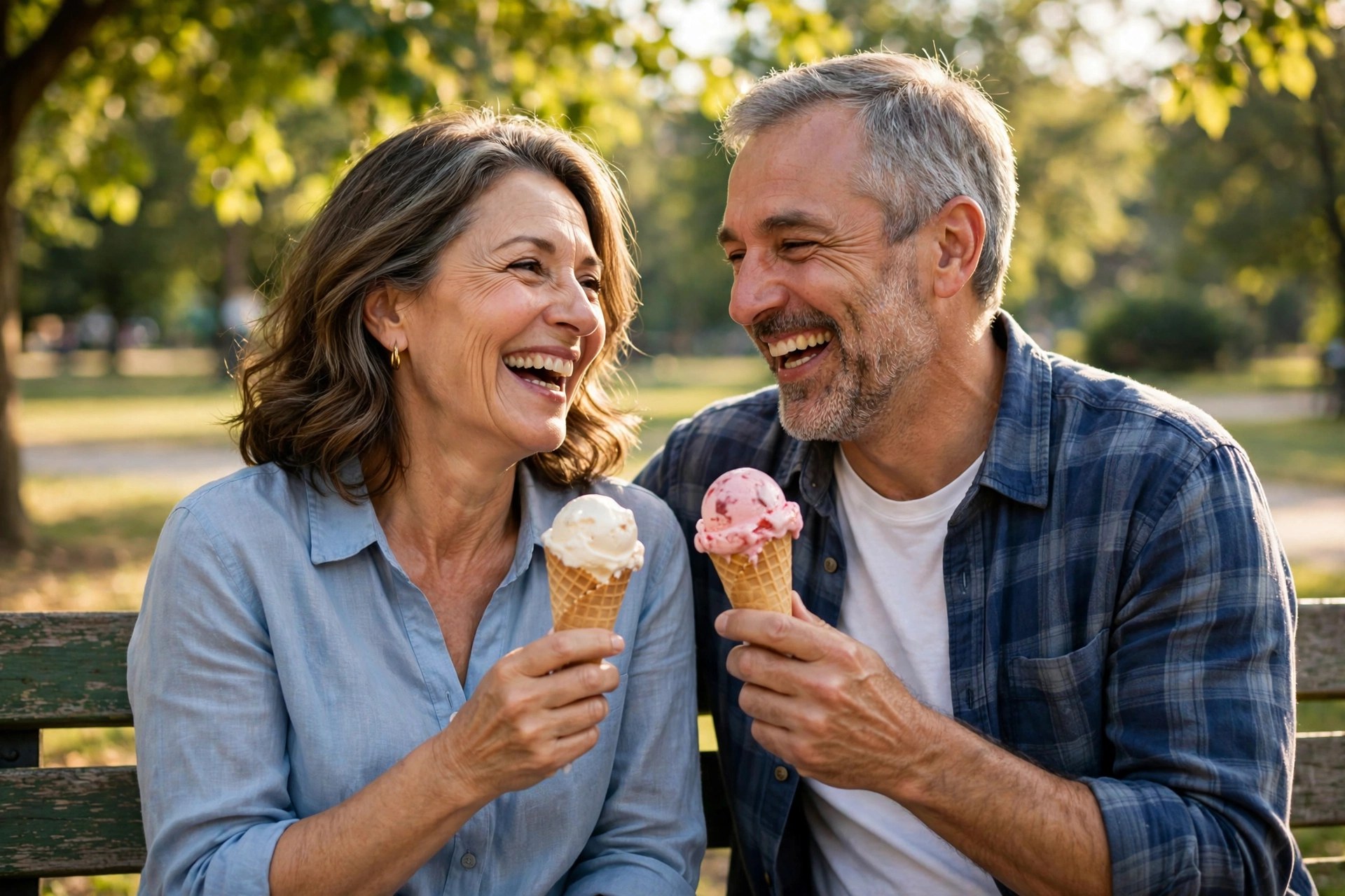 Mature couple sharing ice cream cones on a park bench