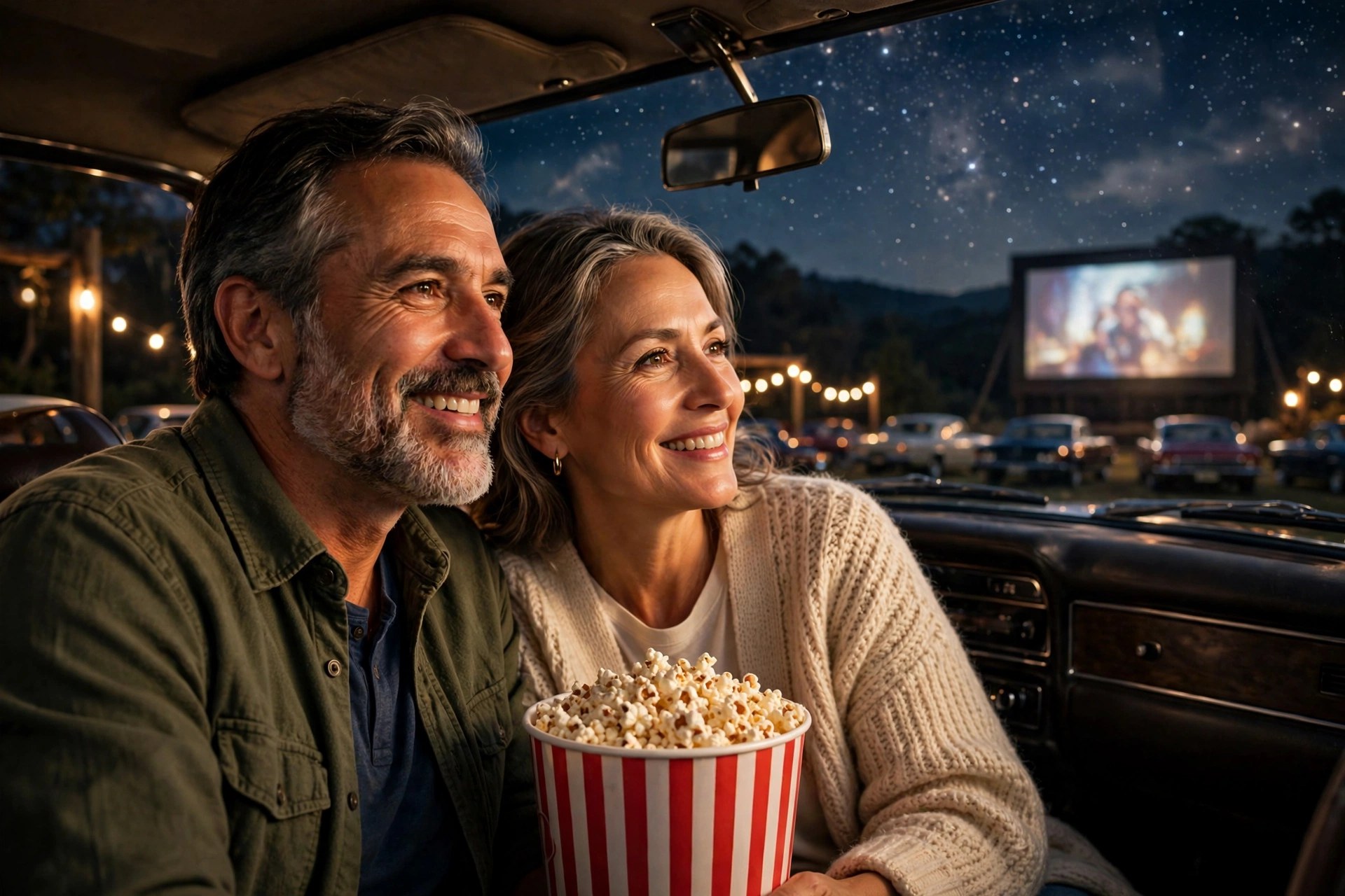 Mature couple in a car at a drive-in movie under the stars