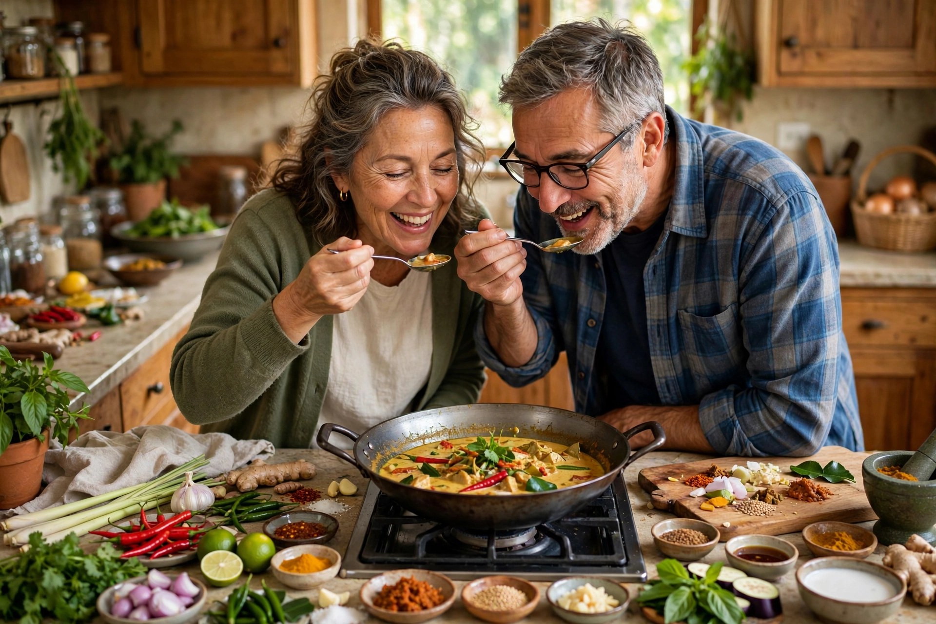 Mature couple cooking Thai curry together in their kitchen