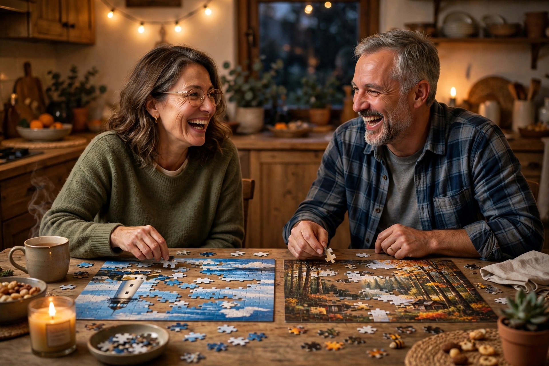 Mature couple doing a jigsaw puzzle race at the kitchen table