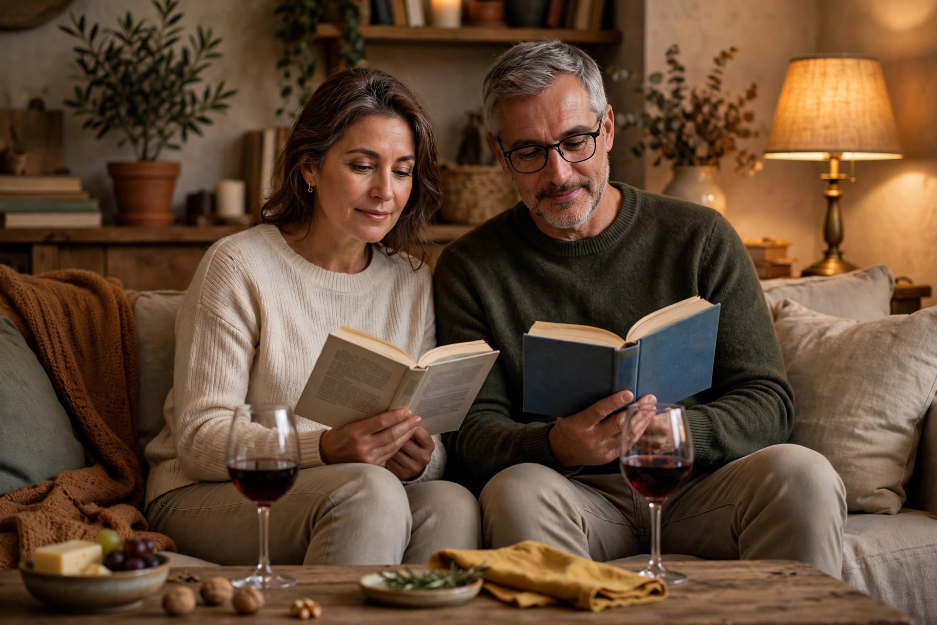 Mature couple reading books side by side on a couch with wine