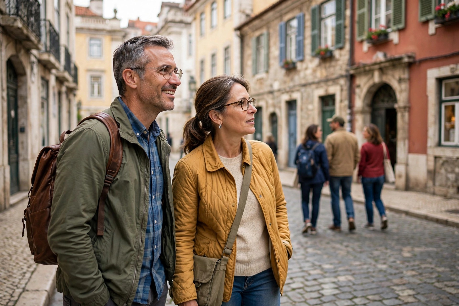 Mature couple on a free walking tour in a historic city