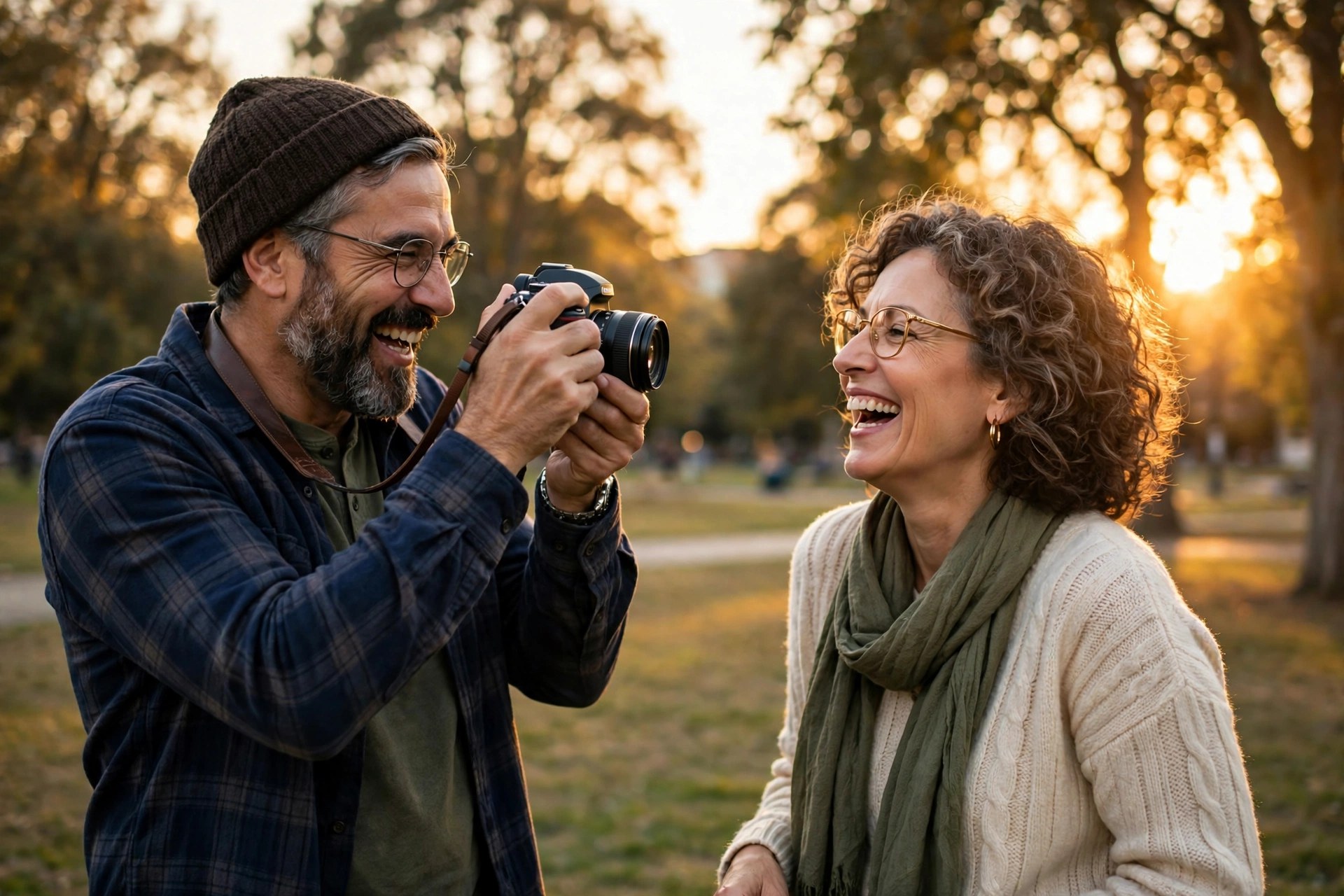 Mature couple taking photos of each other in a park at golden hour