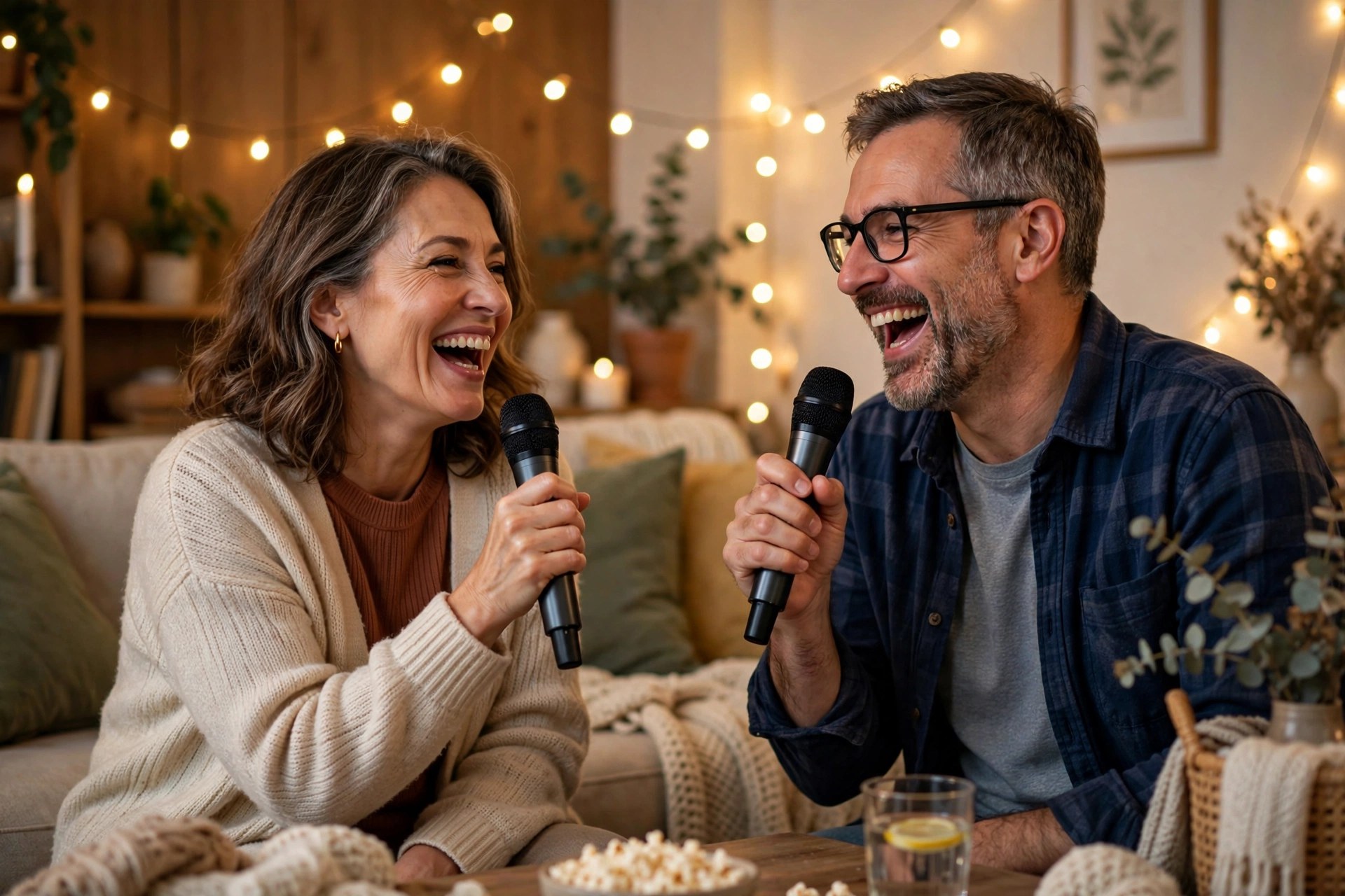 Mature couple singing karaoke at home with microphones