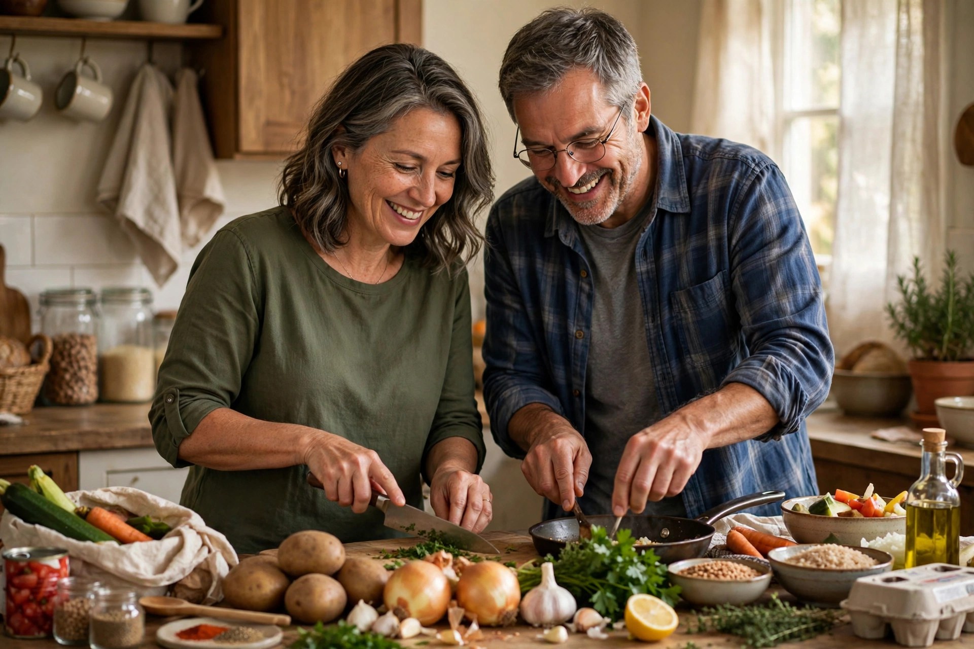 Mature couple cooking a budget dinner challenge in their kitchen