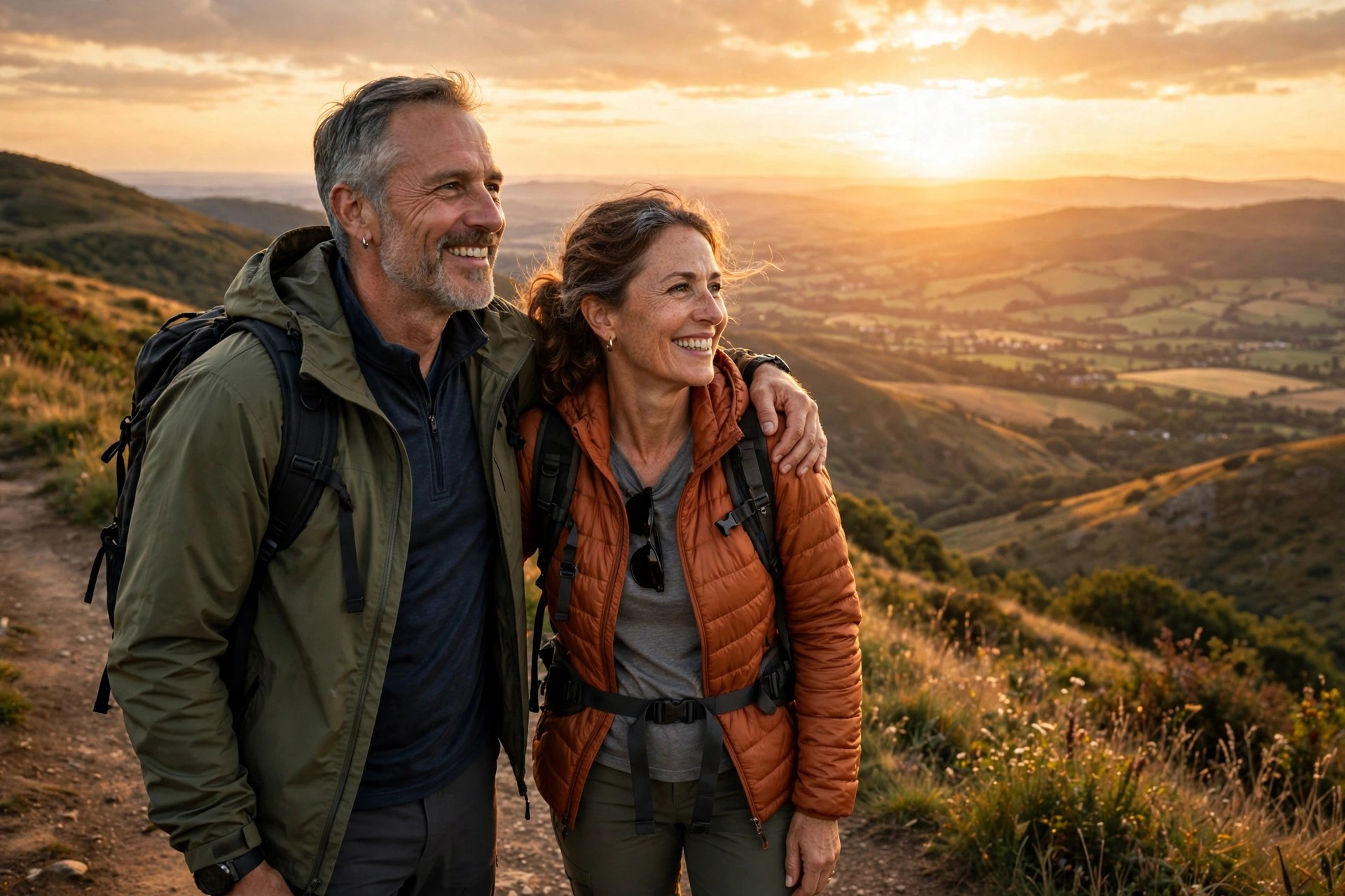 Mature couple hiking a scenic trail at sunset with a valley overlook