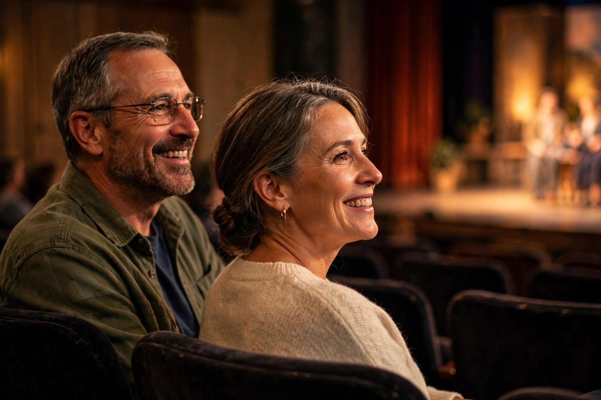 Mature couple watching a play in a small community theater