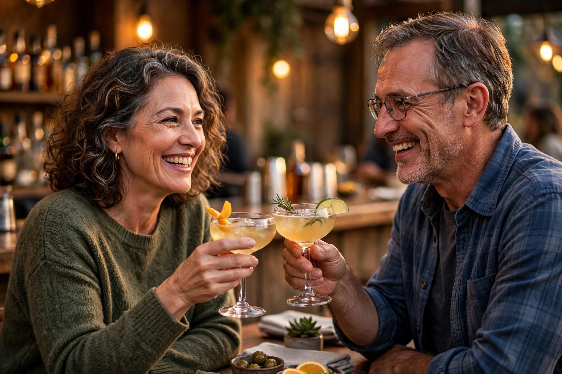 Mature couple clinking cocktail glasses at a bar during happy hour