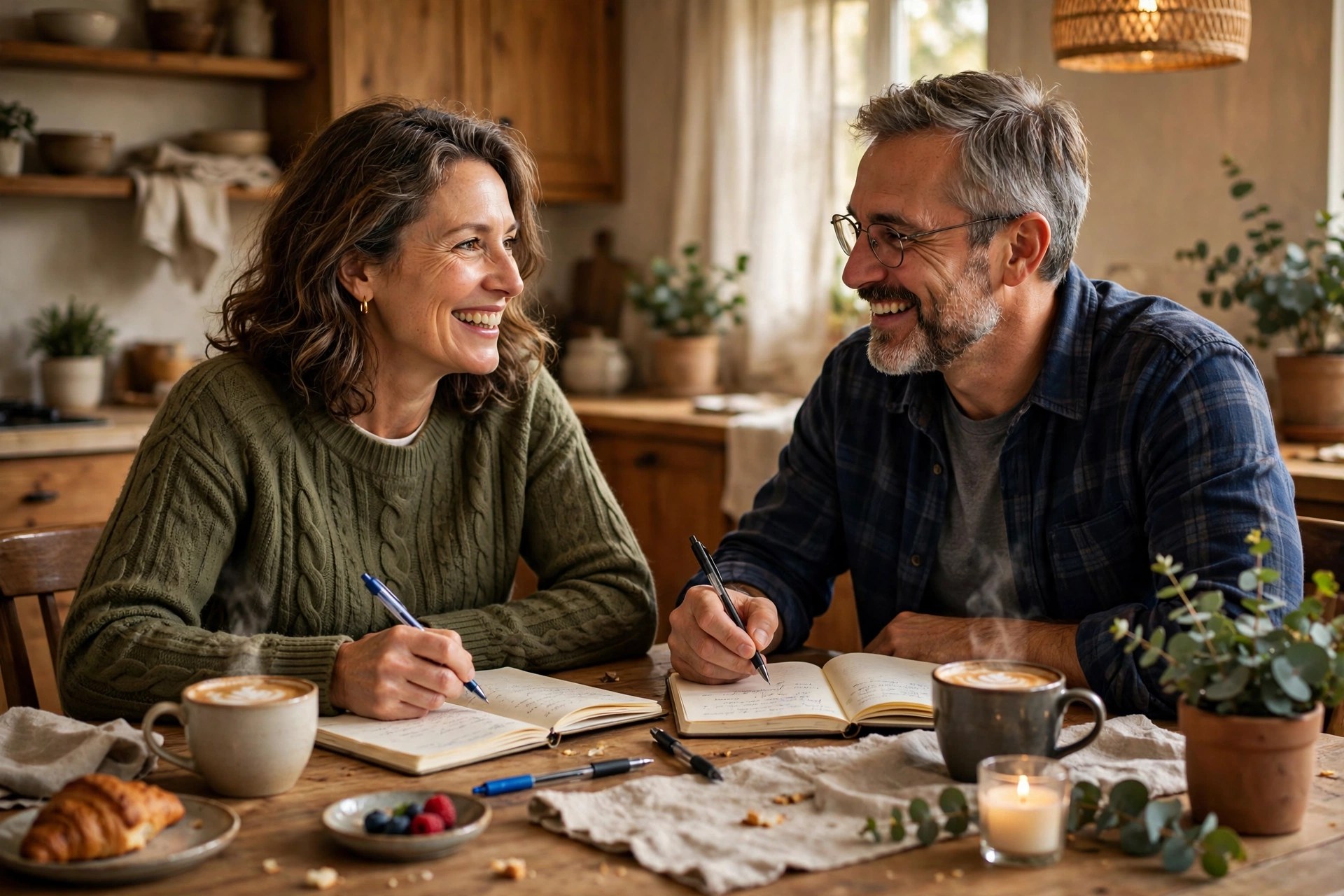 Mature couple writing in notebooks together at a kitchen table
