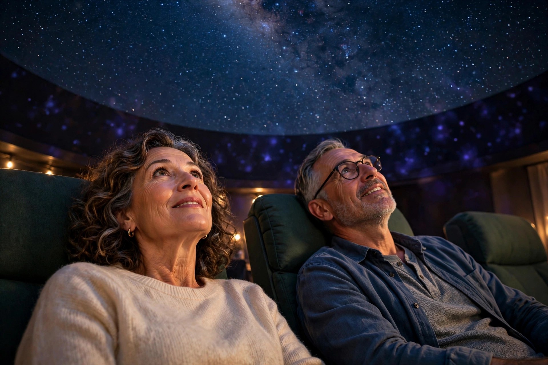 Mature couple gazing up at projected stars in a planetarium dome