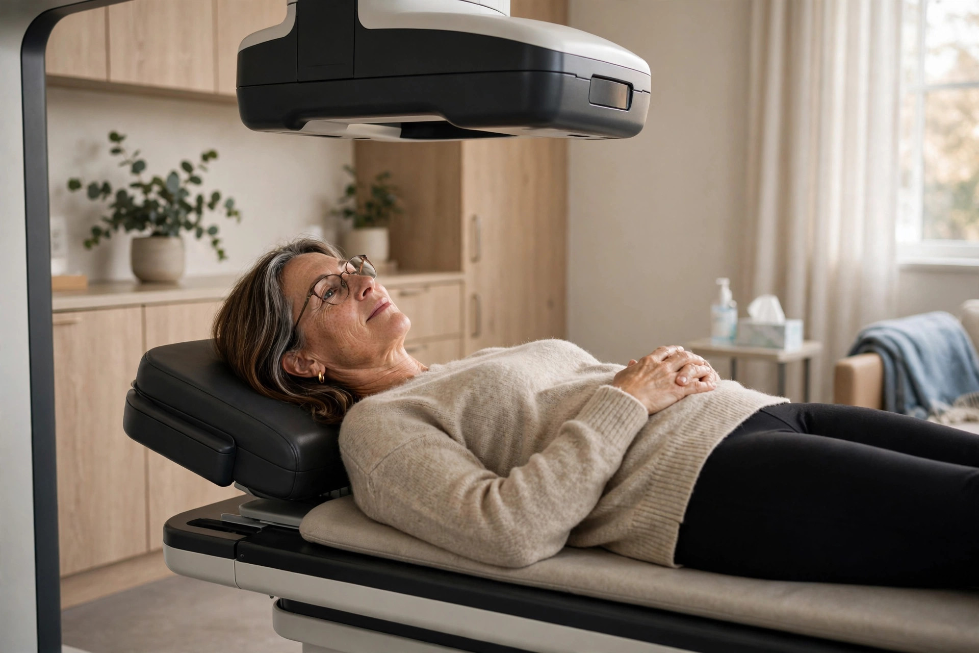 Woman in her 50s getting a baseline bone density DEXA scan in a modern clinic