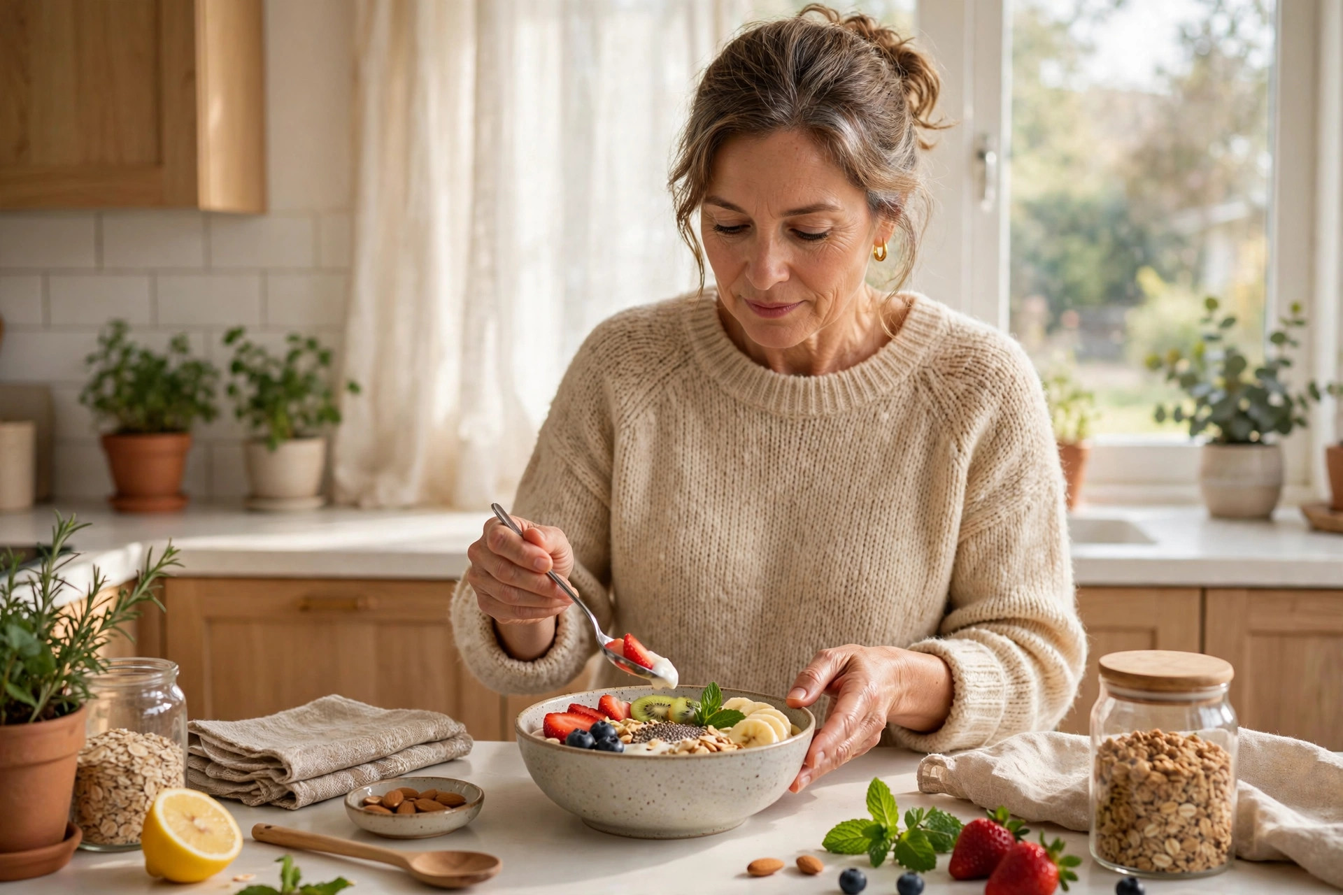 Woman in her 50s preparing a calcium-rich yogurt breakfast bowl in a bright kitchen