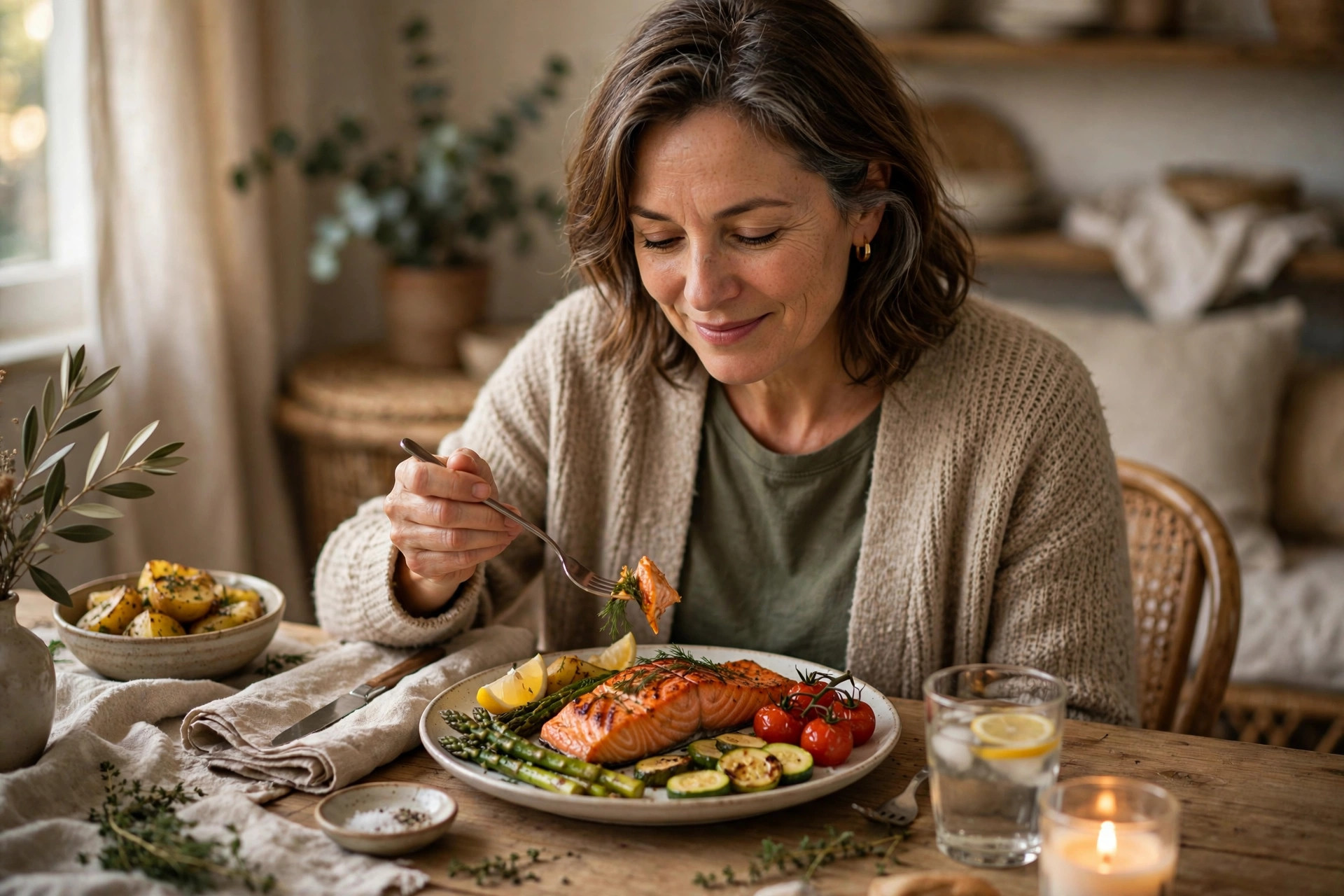 Woman in her 50s enjoying a grilled salmon dinner with vegetables at a cozy table