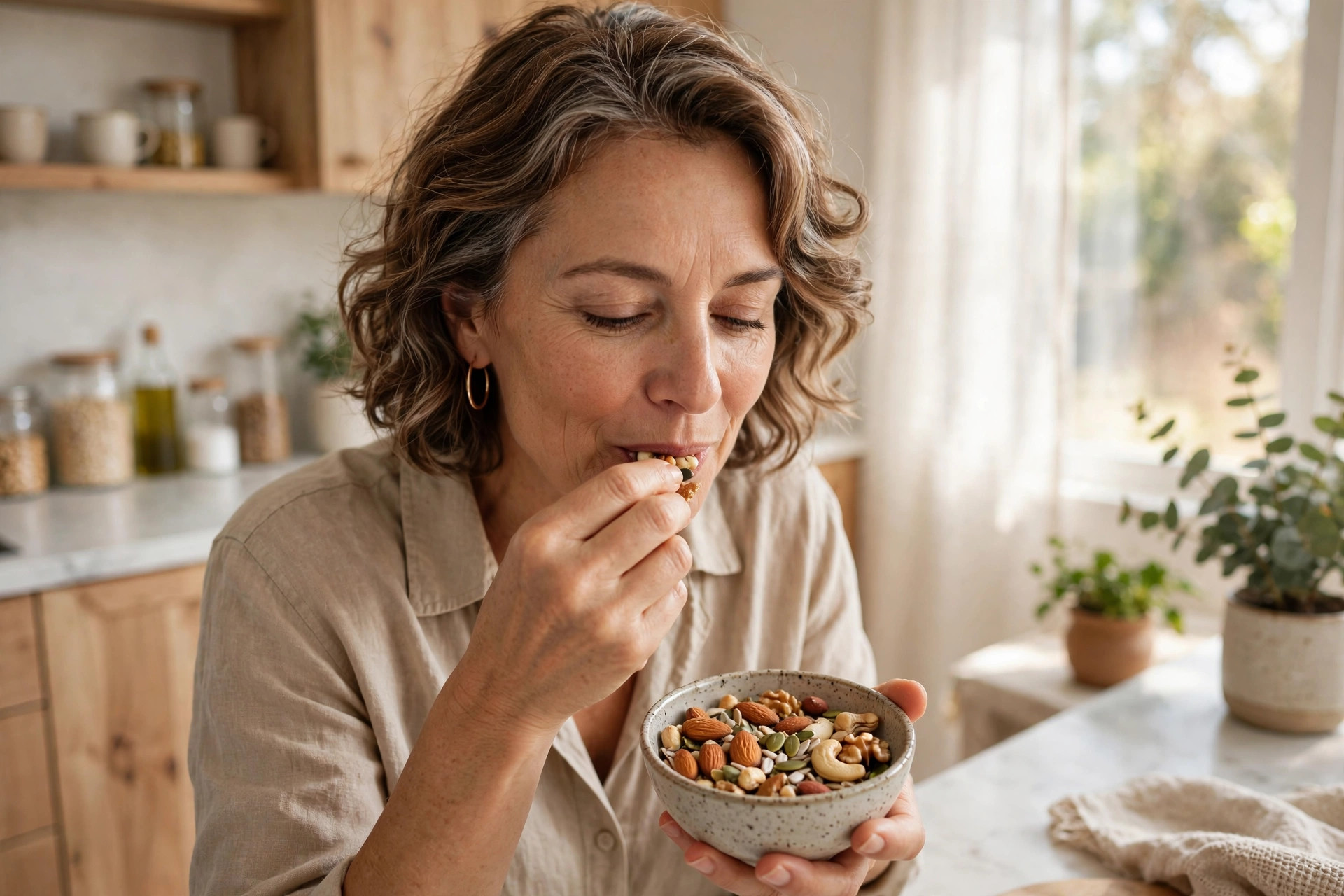 Woman in her 50s snacking on mixed nuts and seeds in a bright kitchen