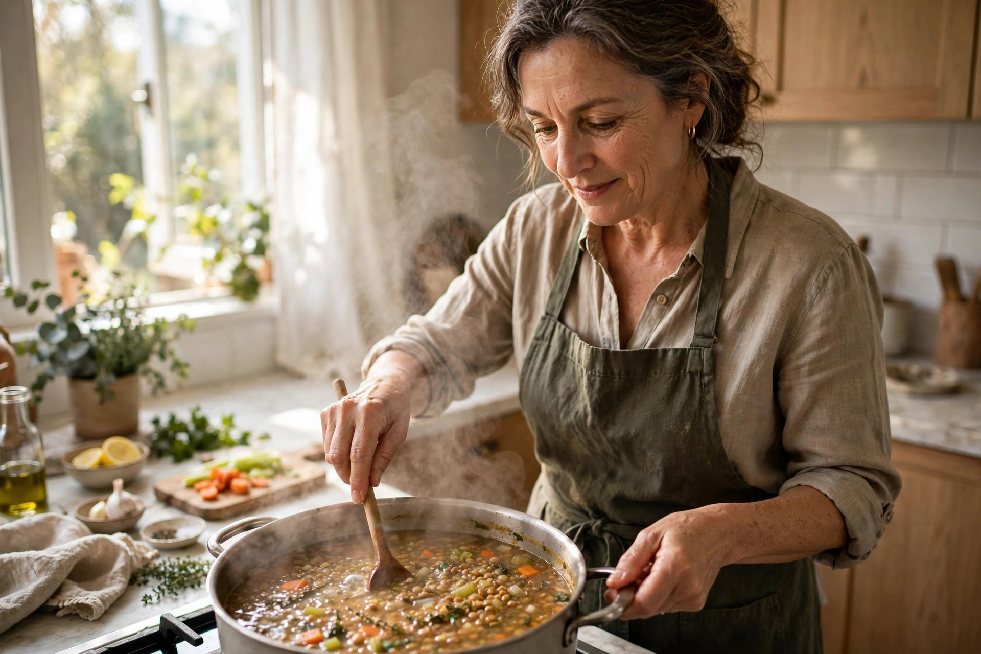 Woman in her 50s cooking a pot of lentil soup in a bright kitchen with steam rising
