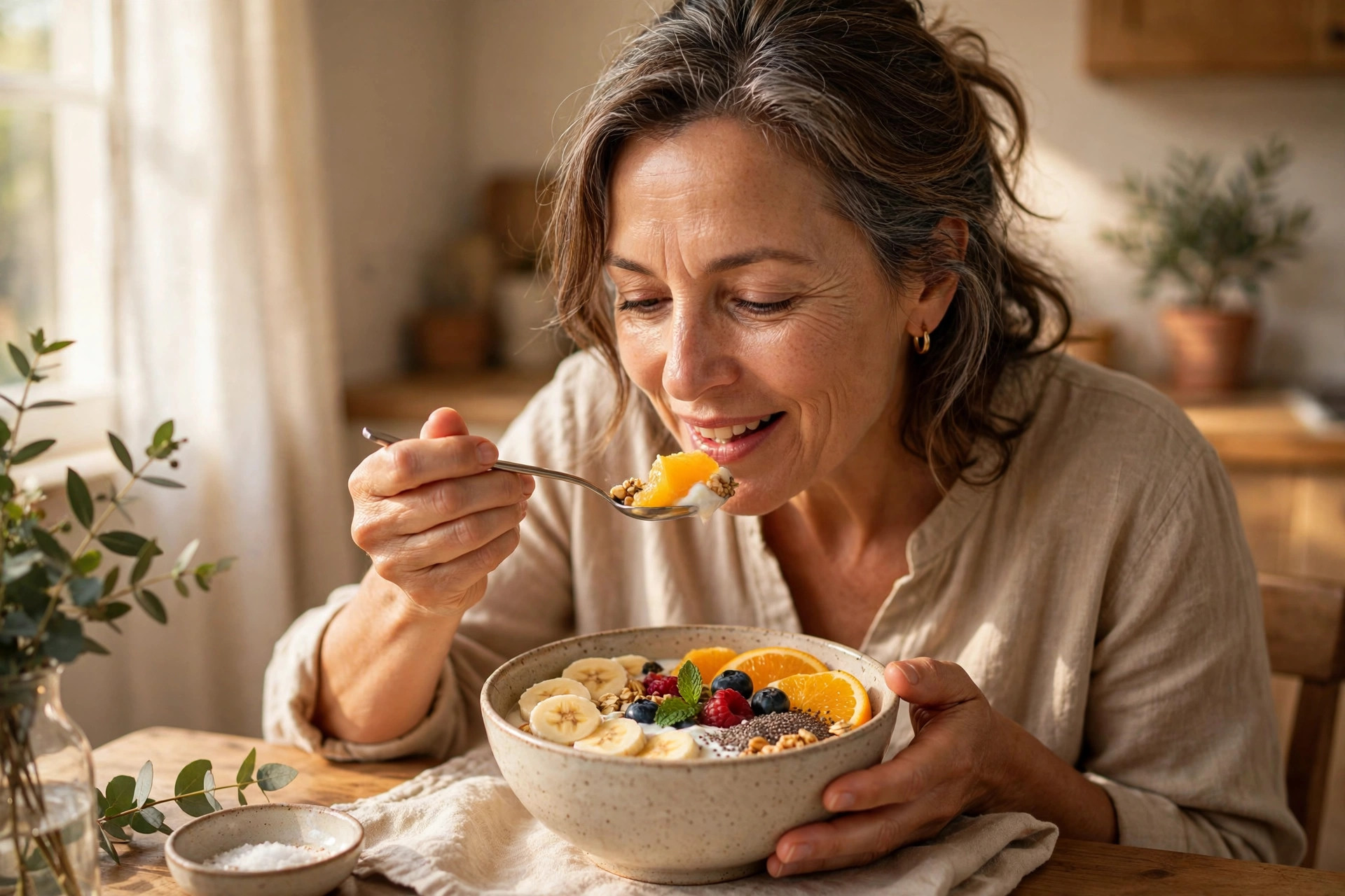 Woman in her 50s eating a fresh fruit breakfast bowl with banana and orange