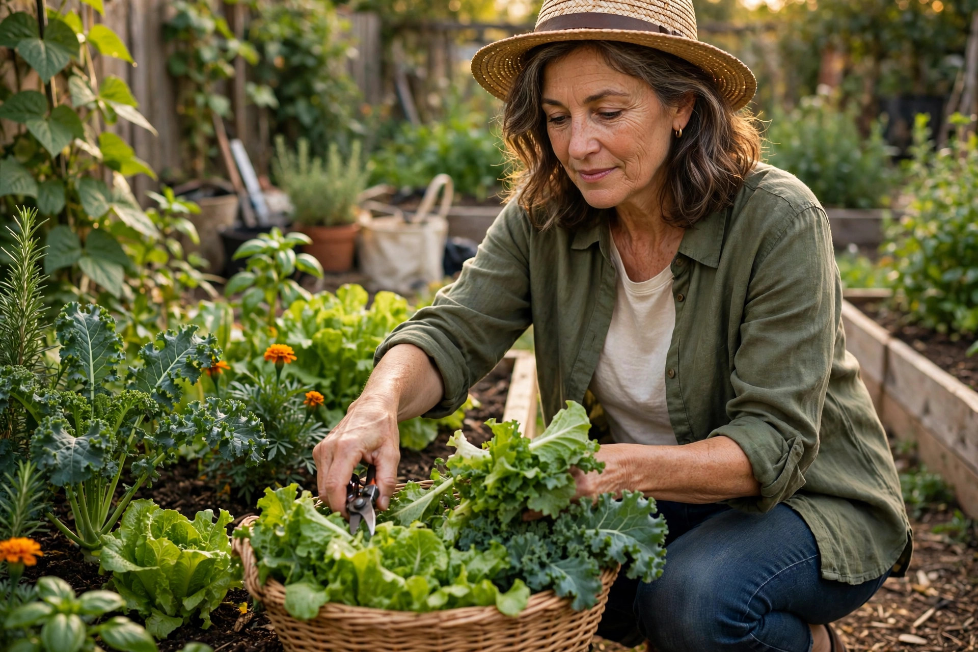 Woman in her 50s harvesting fresh leafy greens in a sunny garden