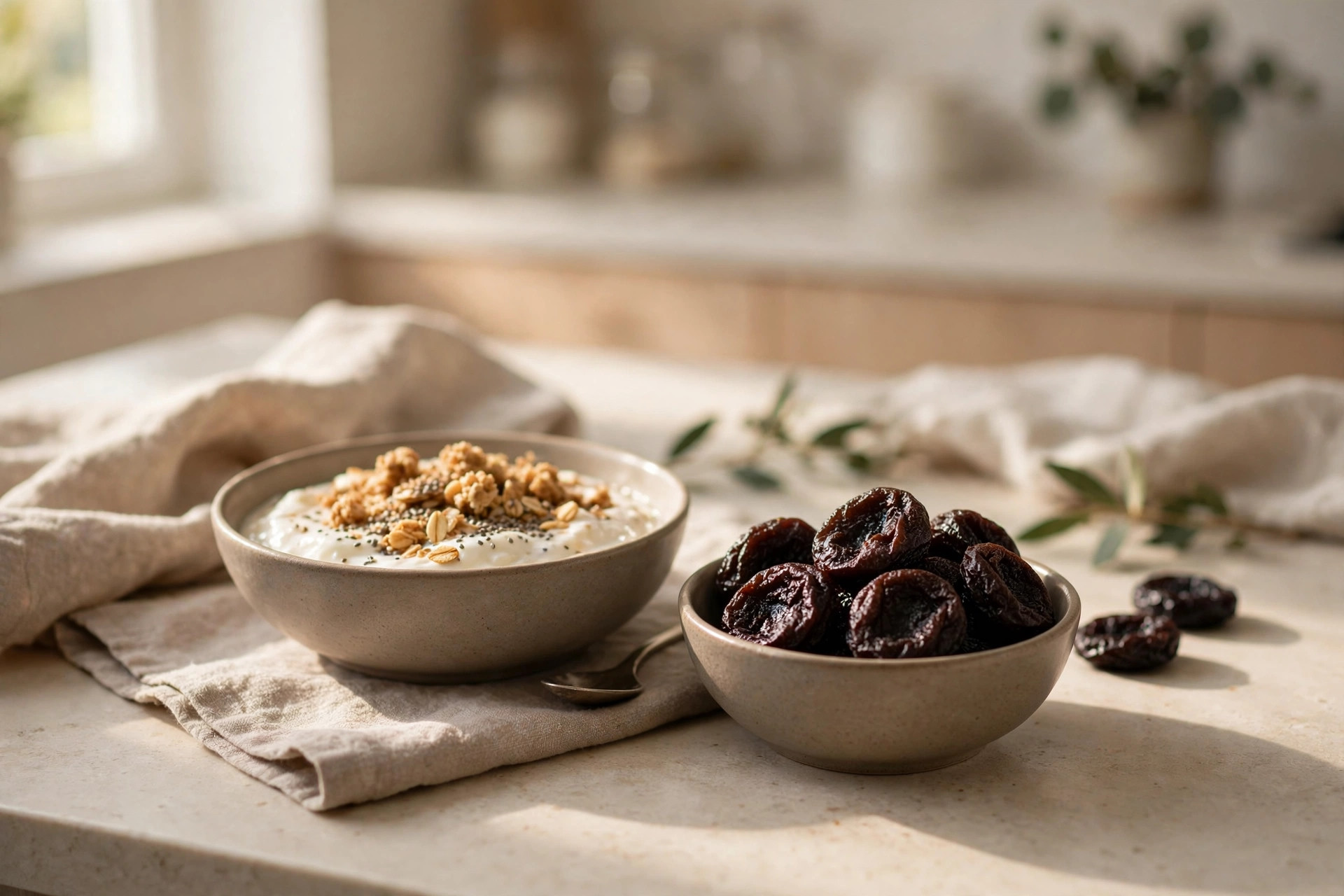 Small bowl of dried prunes next to a yogurt bowl in a bright kitchen
