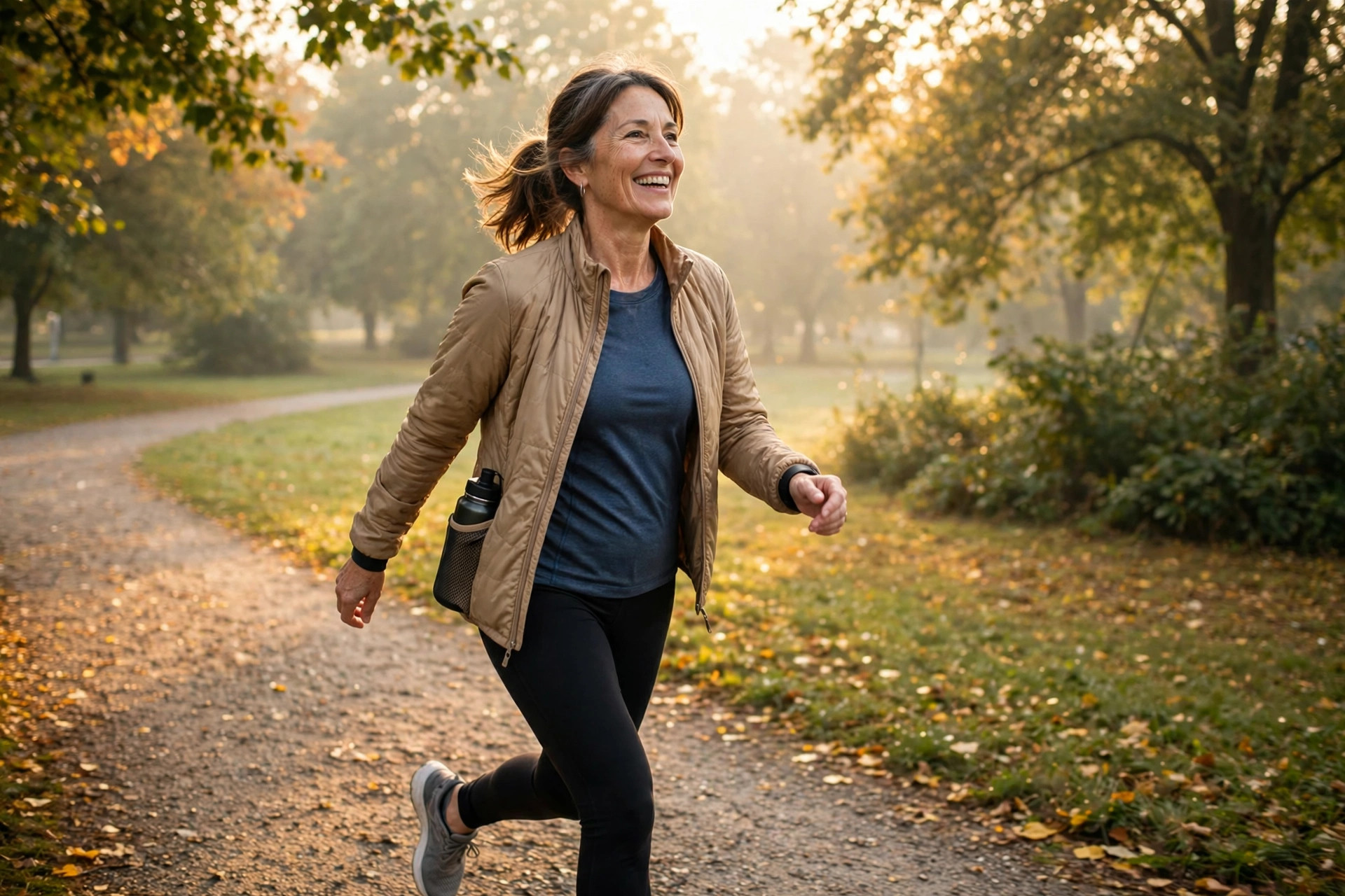 Woman in her 50s walking briskly on a park path in morning light