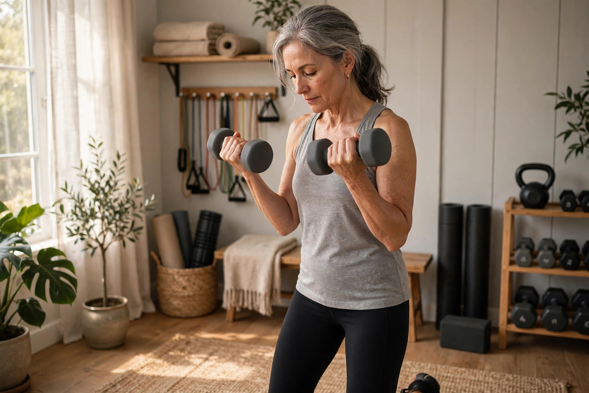 Fit woman in her 50s doing light dumbbell exercises in a bright home gym