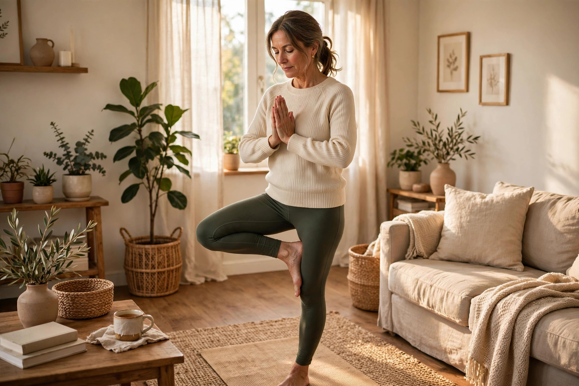Woman in her 50s practicing tree pose balance in a sunny living room