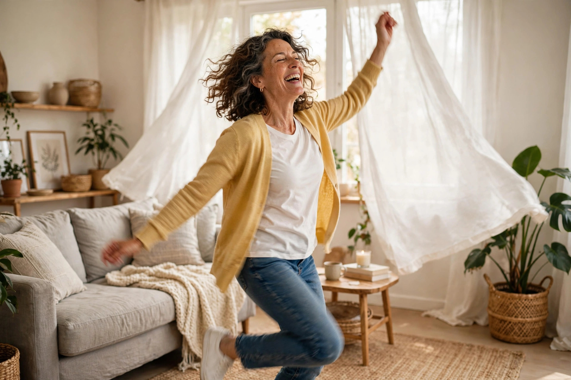 Woman in her 50s dancing joyfully in her living room full of movement