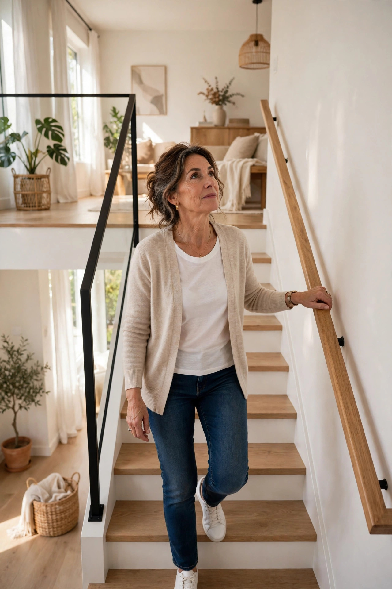 Woman in her 50s climbing stairs in a bright modern home holding the handrail