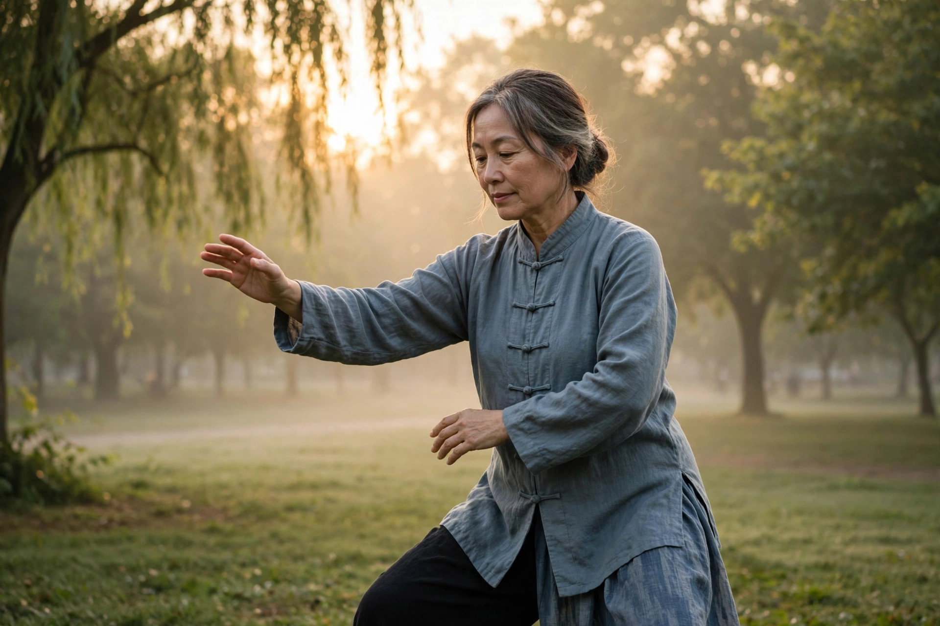 Woman in her 50s practicing tai chi in a park at sunrise