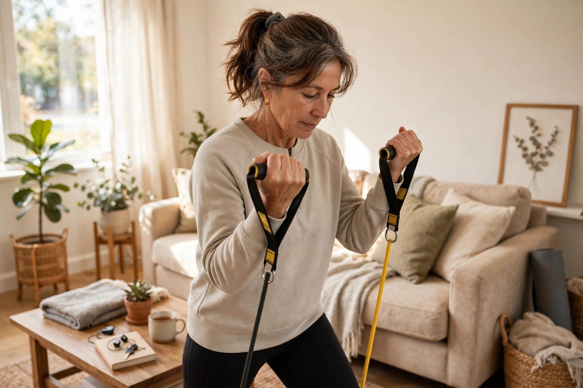 Woman in her 50s doing resistance band exercises in a bright living room