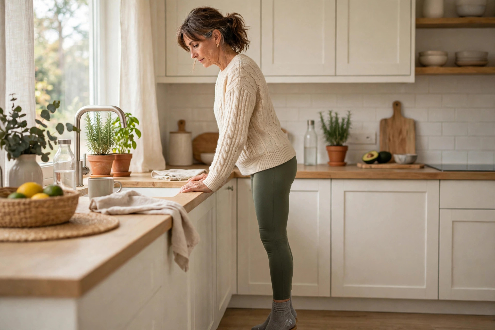 Woman in her 50s doing heel raises while holding a kitchen counter