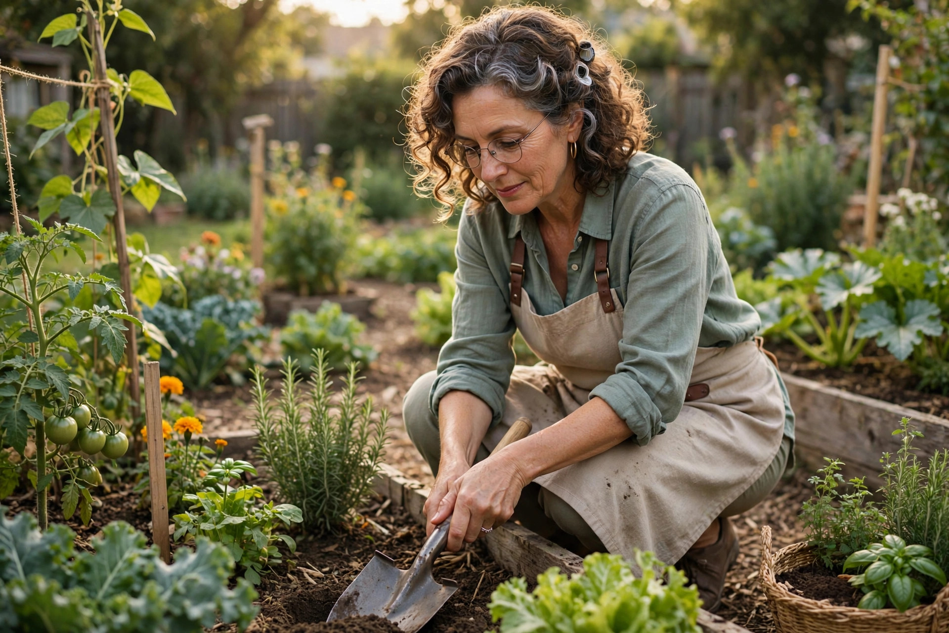 Woman in her 50s gardening and digging in a sunny vegetable garden