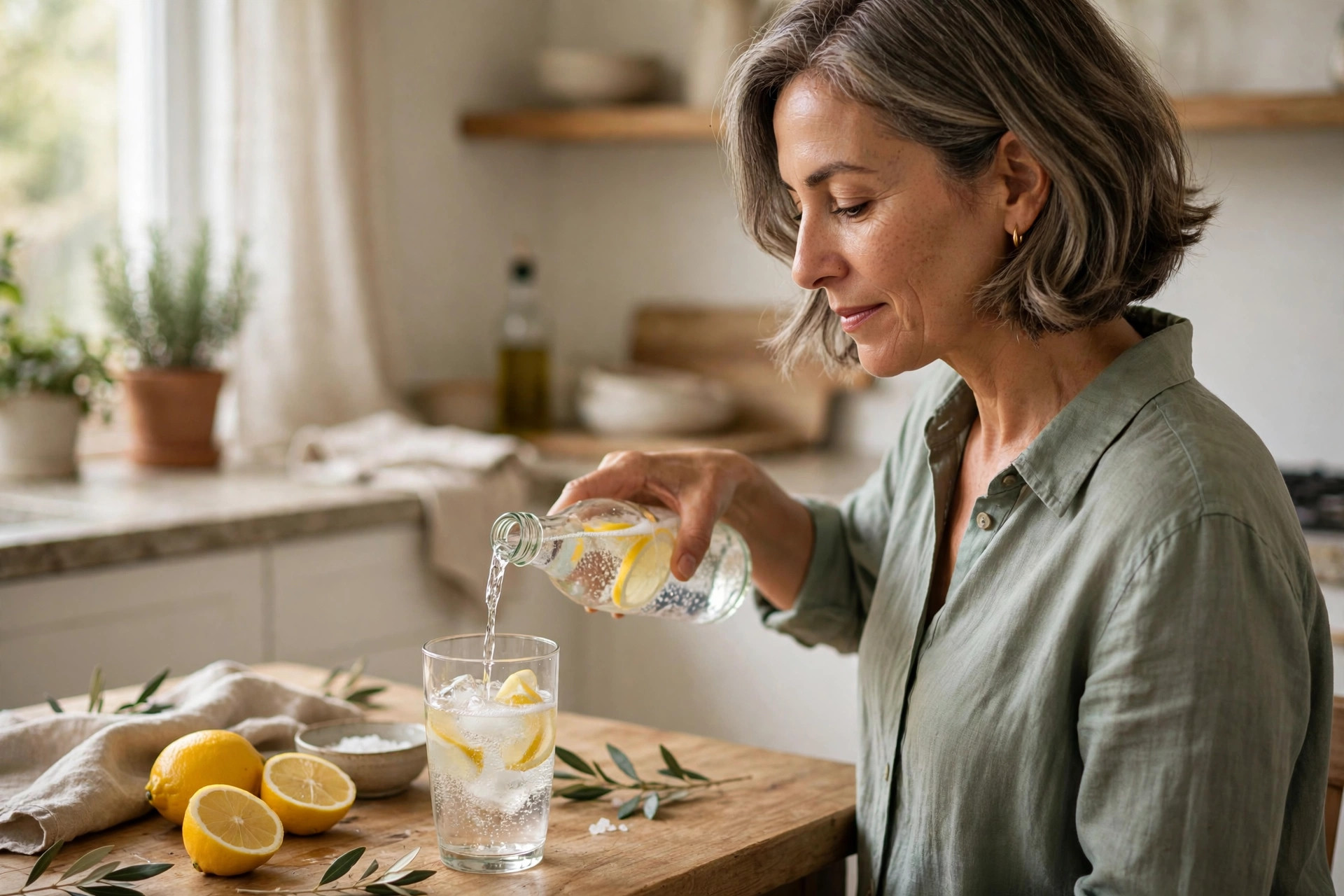 Woman in her 50s pouring sparkling water with lemon at her kitchen table