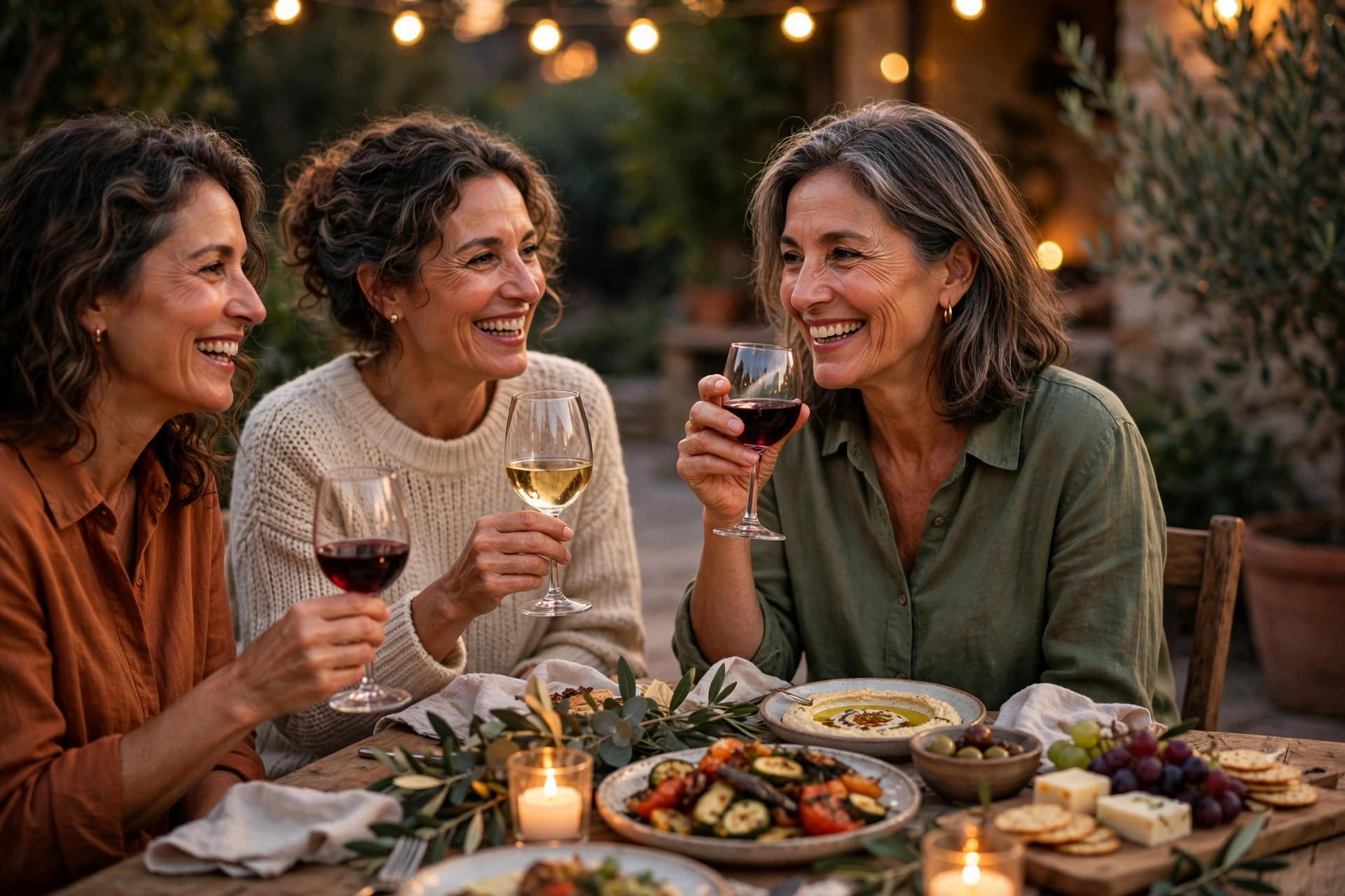 Woman in her 50s enjoying a small glass of wine with friends over dinner