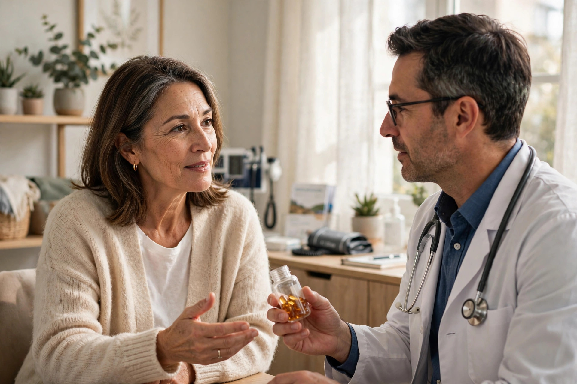 Woman in her 50s discussing vitamin supplements with her doctor in a bright office