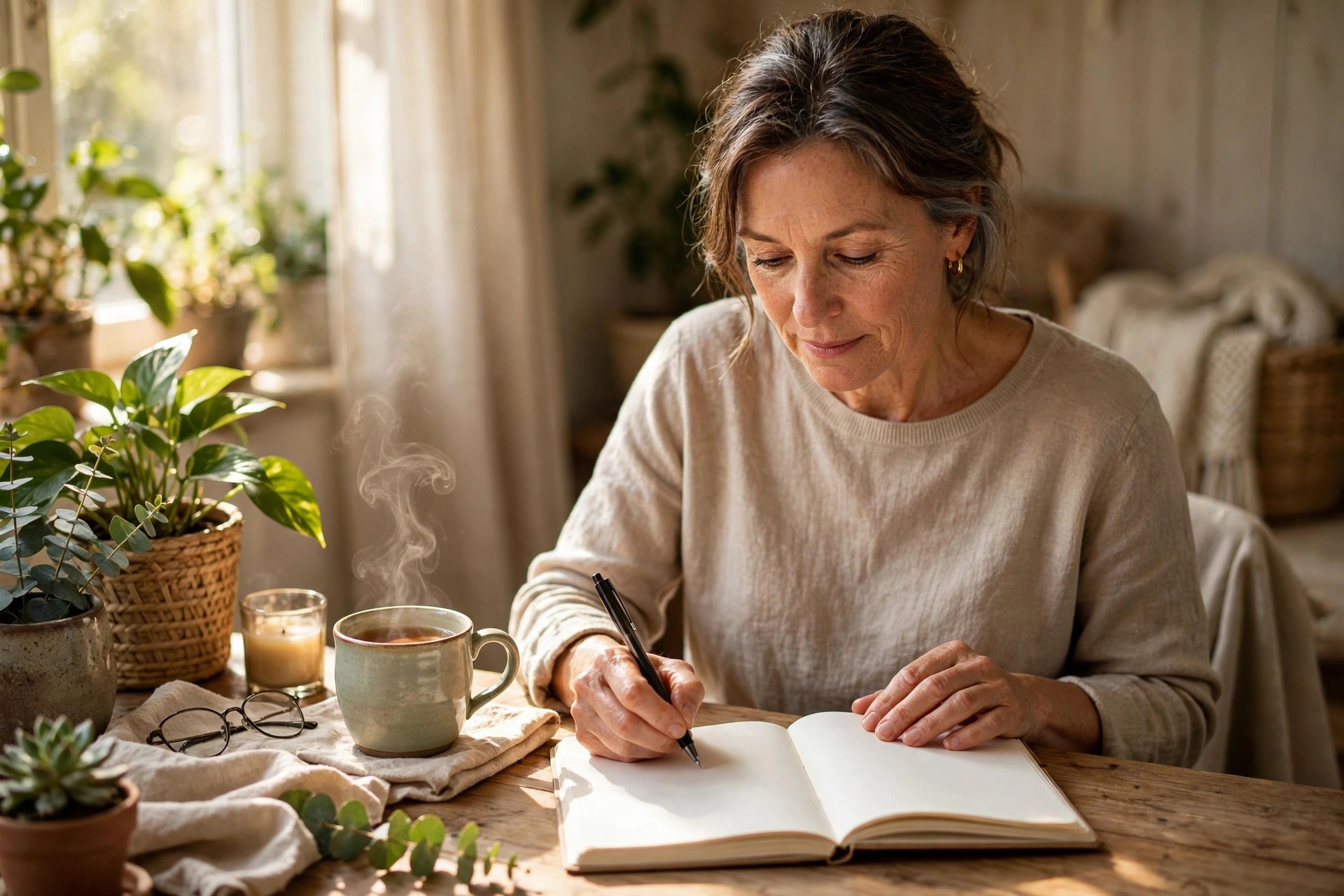 Woman in her 50s writing in a wellness journal at a cozy sunlit desk