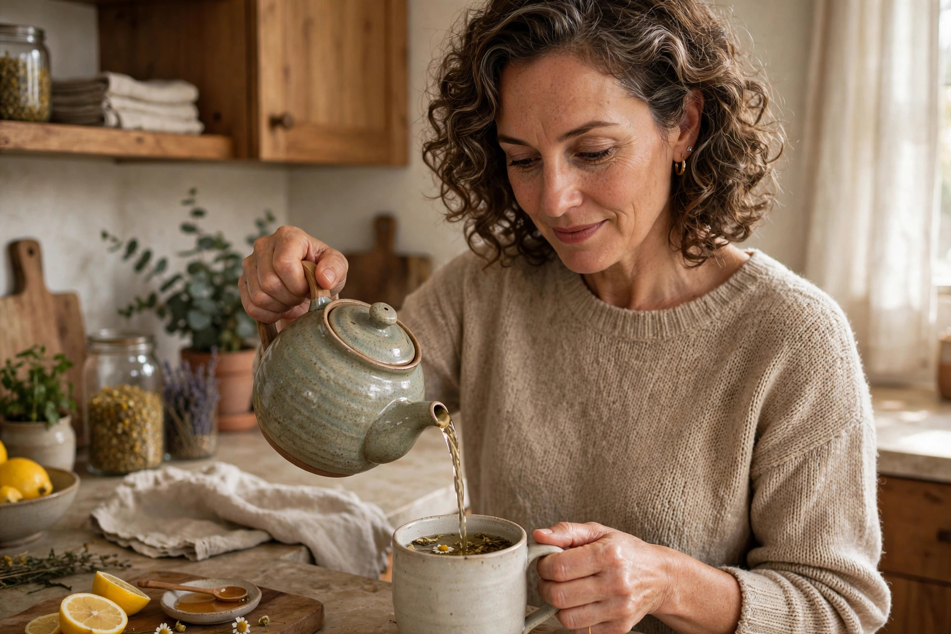 Woman in her 50s pouring herbal tea from a beautiful teapot in a cozy kitchen