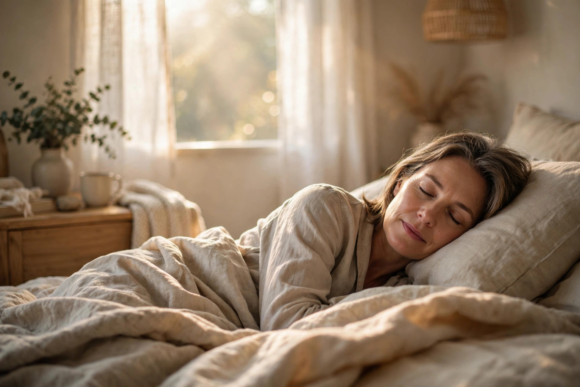 Woman in her 50s sleeping peacefully in a cozy bedroom in soft morning light