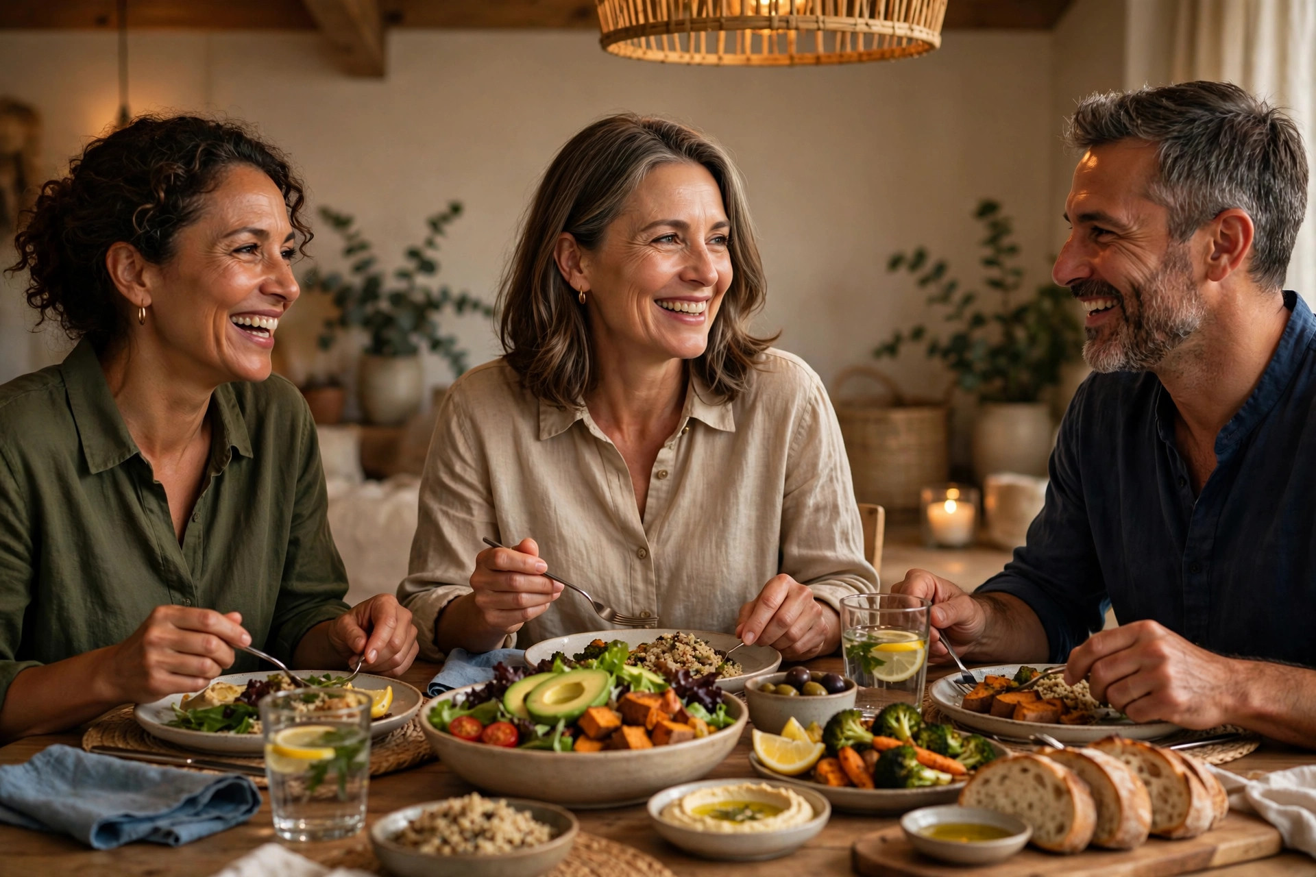 Woman in her 50s enjoying a nourishing balanced meal with friends at a table