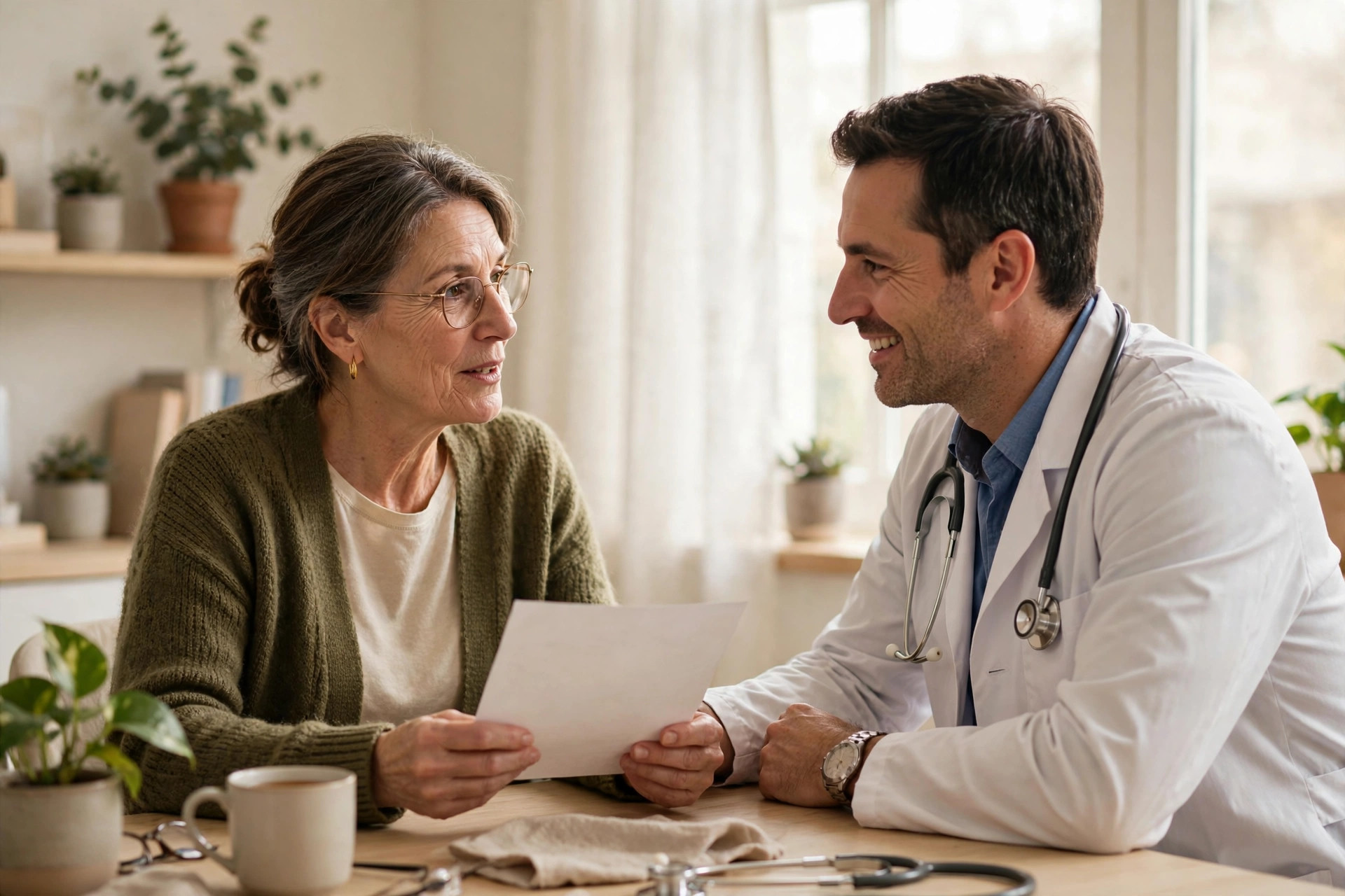Woman in her 50s showing her medication list to her doctor in a bright office