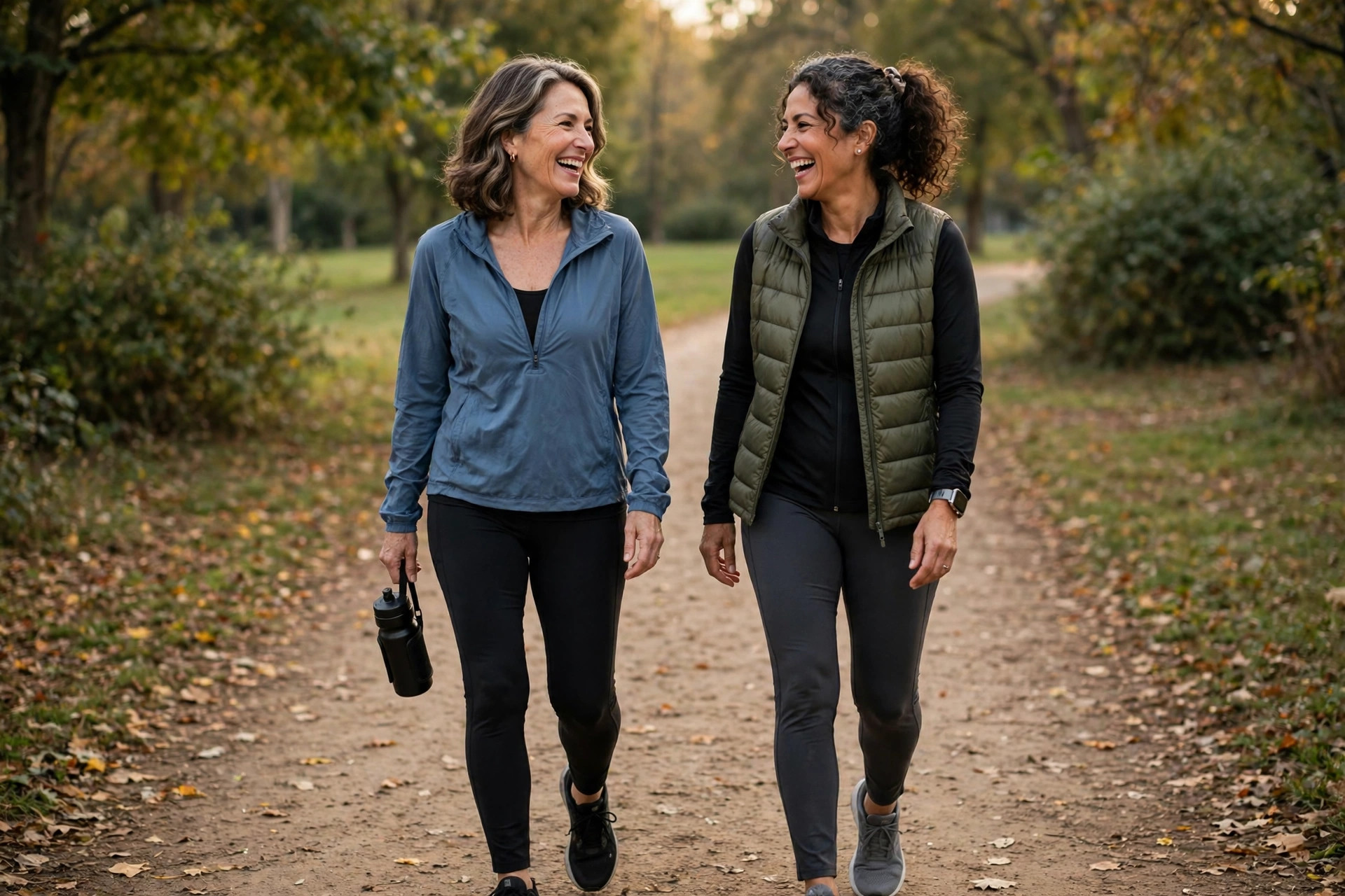 Two women in their 50s walking together and laughing on a park trail