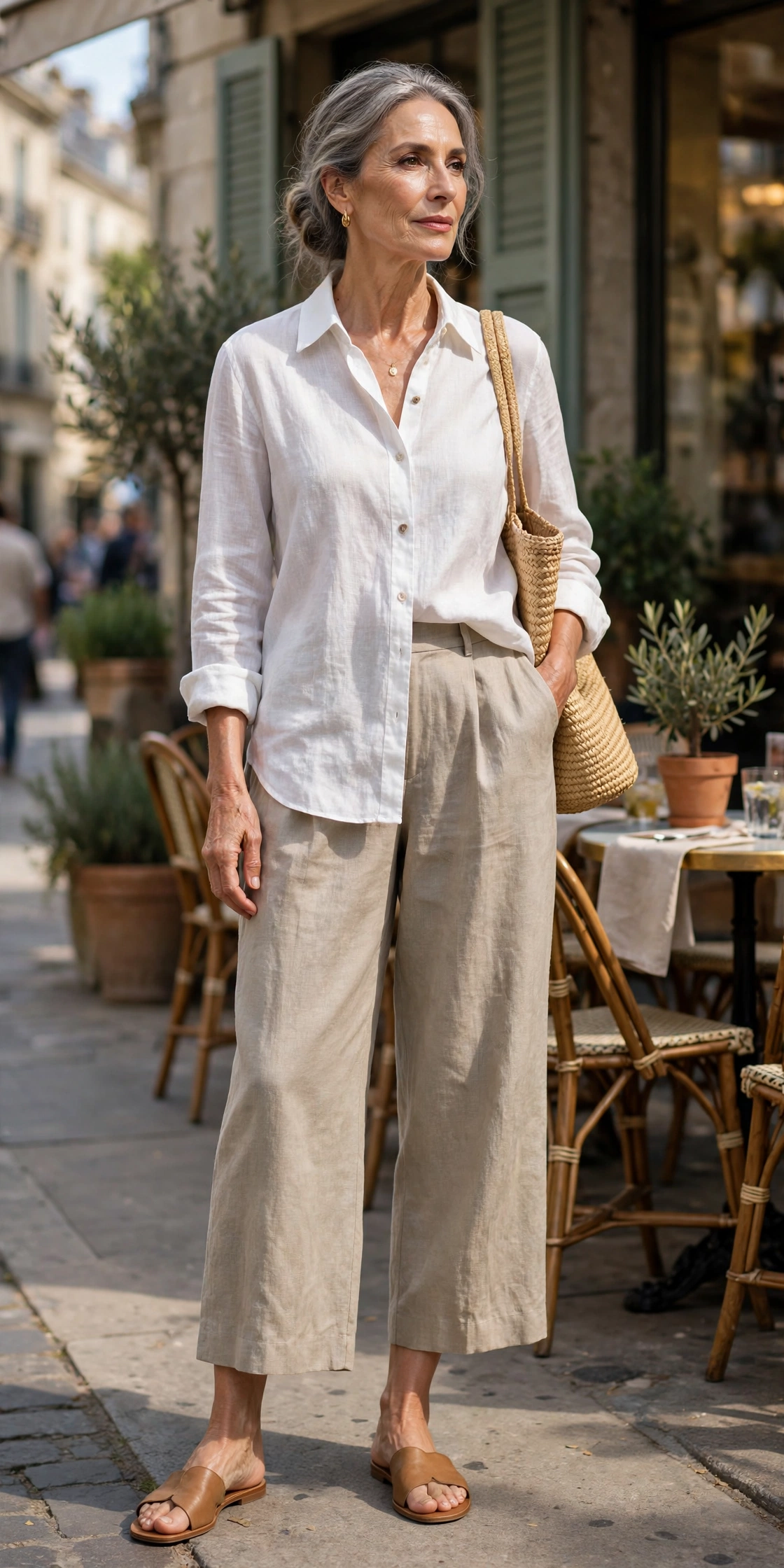 Elegant woman over 60 in a white linen shirt and stone wide-leg cropped trousers with a straw tote