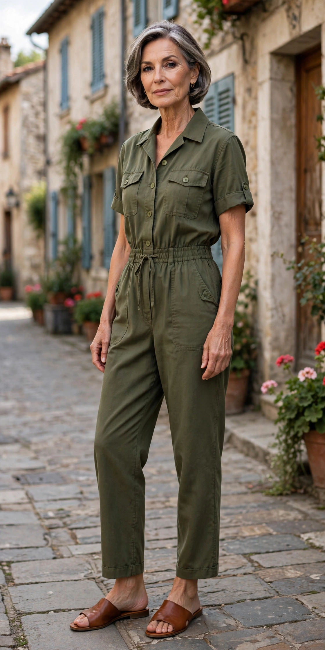 Elegant woman over 60 in an olive Tencel safari jumpsuit with cognac slide sandals
