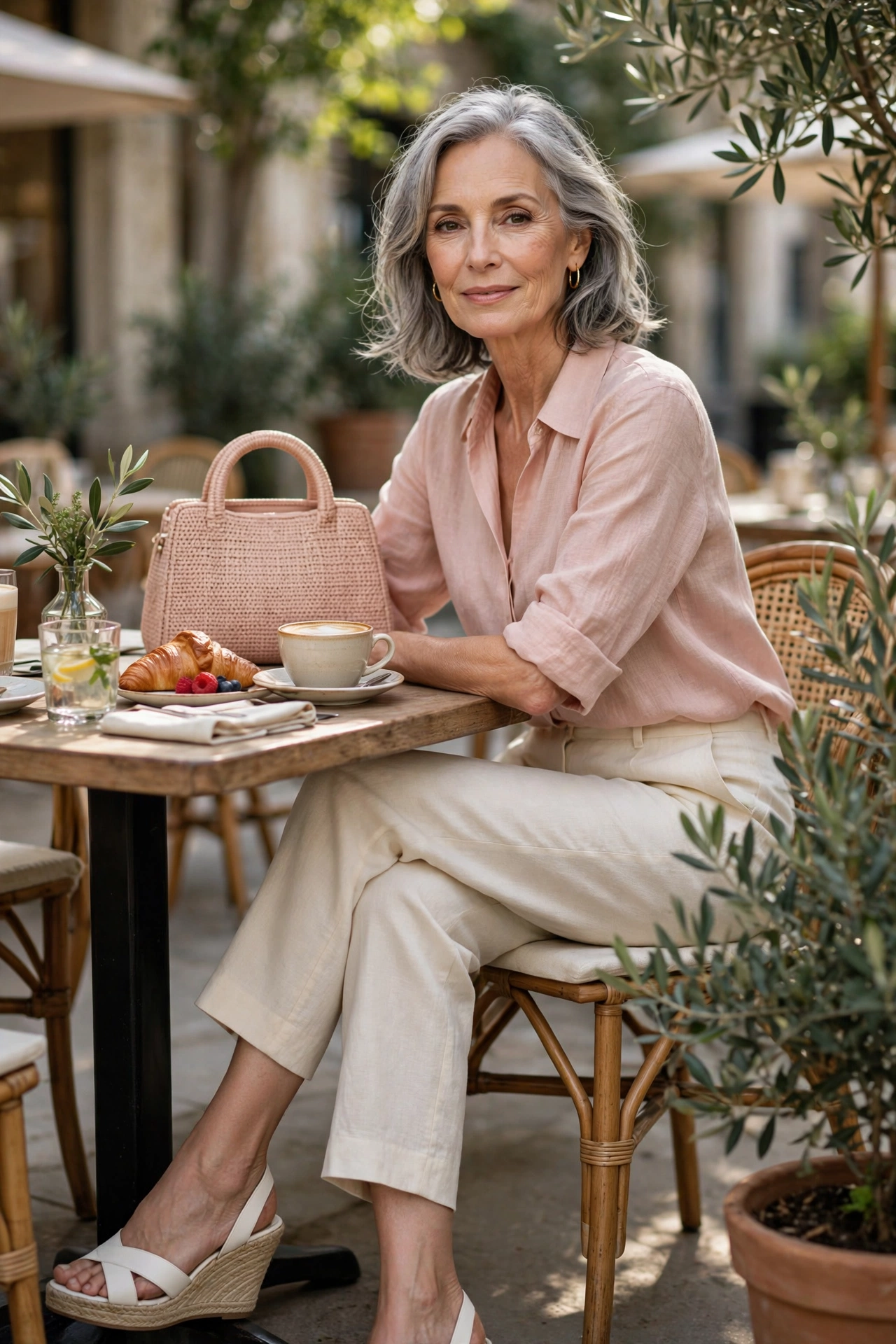 Elegant woman over 60 in a blush pink linen blouse and cream cropped trousers at a brunch cafe