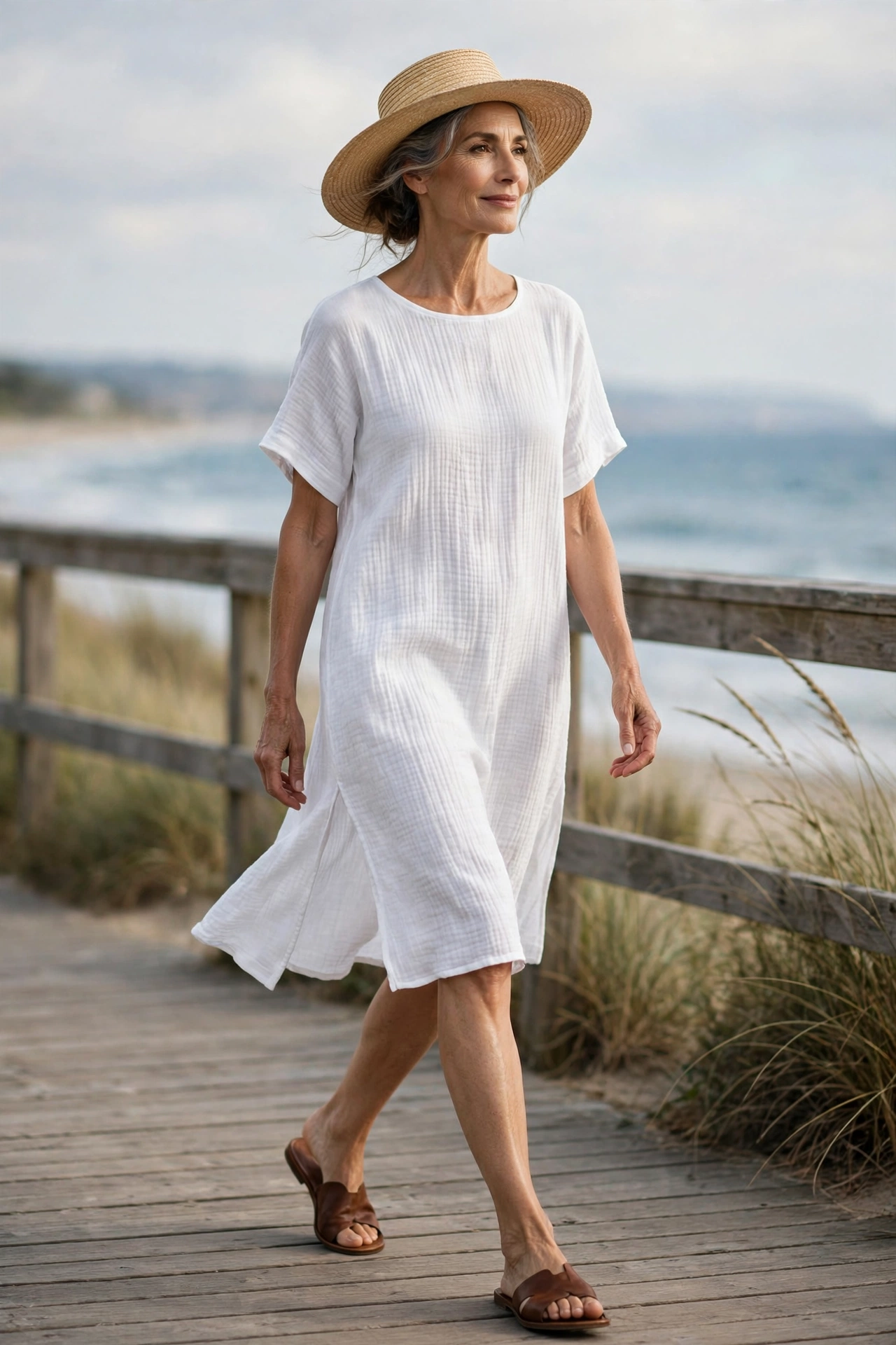 Elegant woman over 60 in a white cotton gauze tunic dress and straw hat on a boardwalk