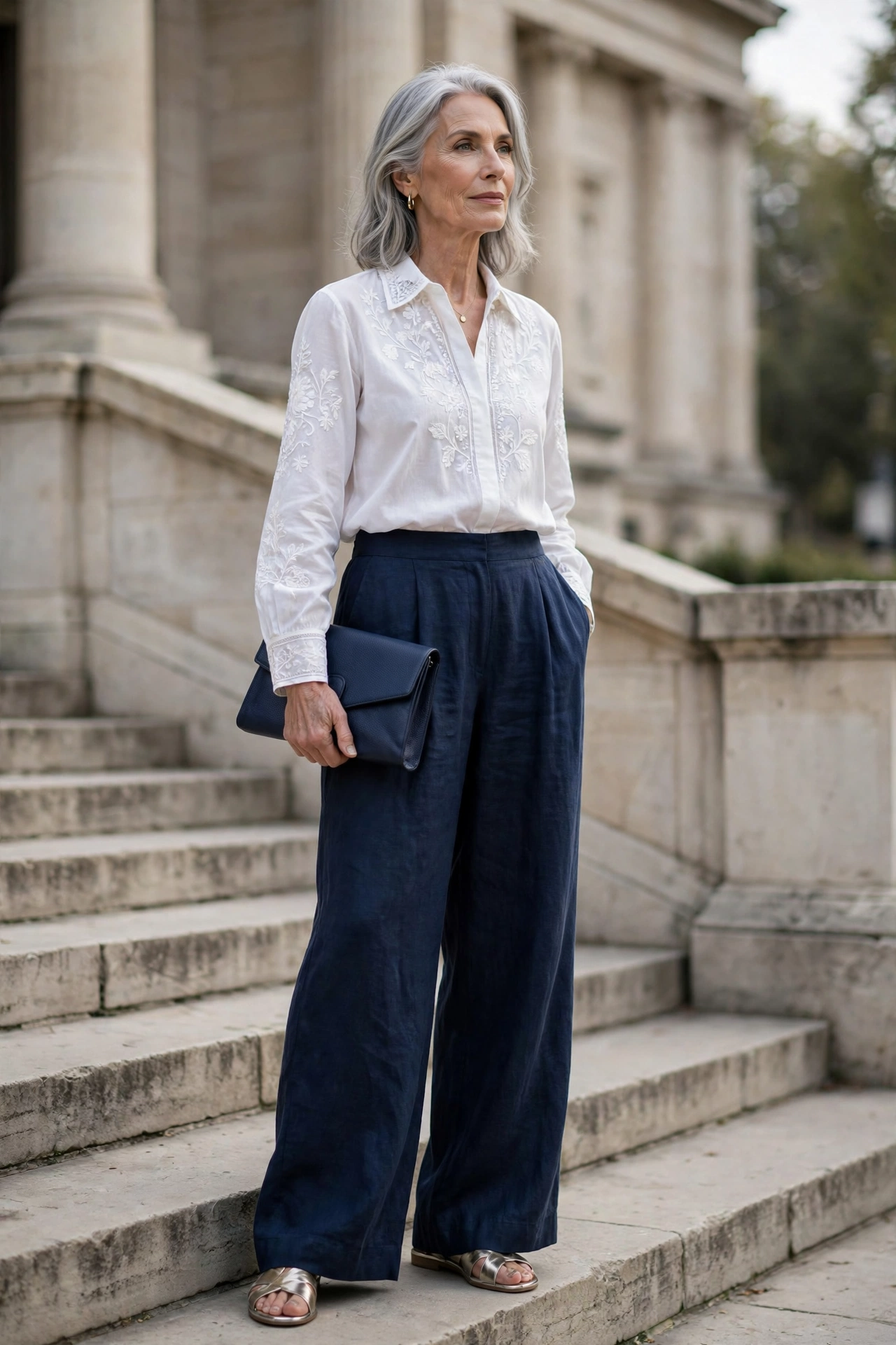 Elegant woman over 60 in a white embroidered blouse and navy wide-leg trousers at a museum