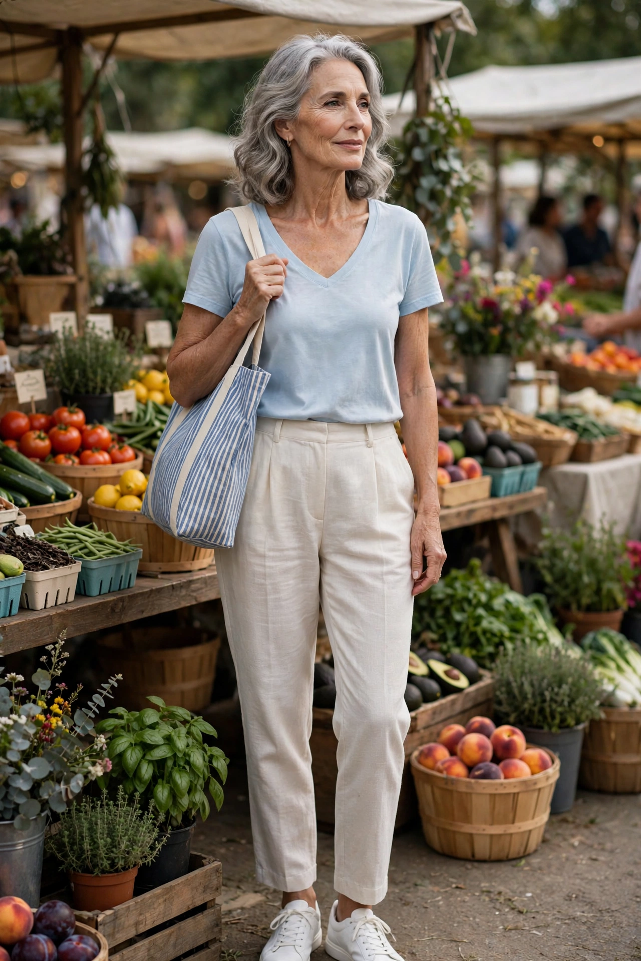 Elegant woman over 60 in a pale blue v-neck tee and cream linen pants at a farmers market