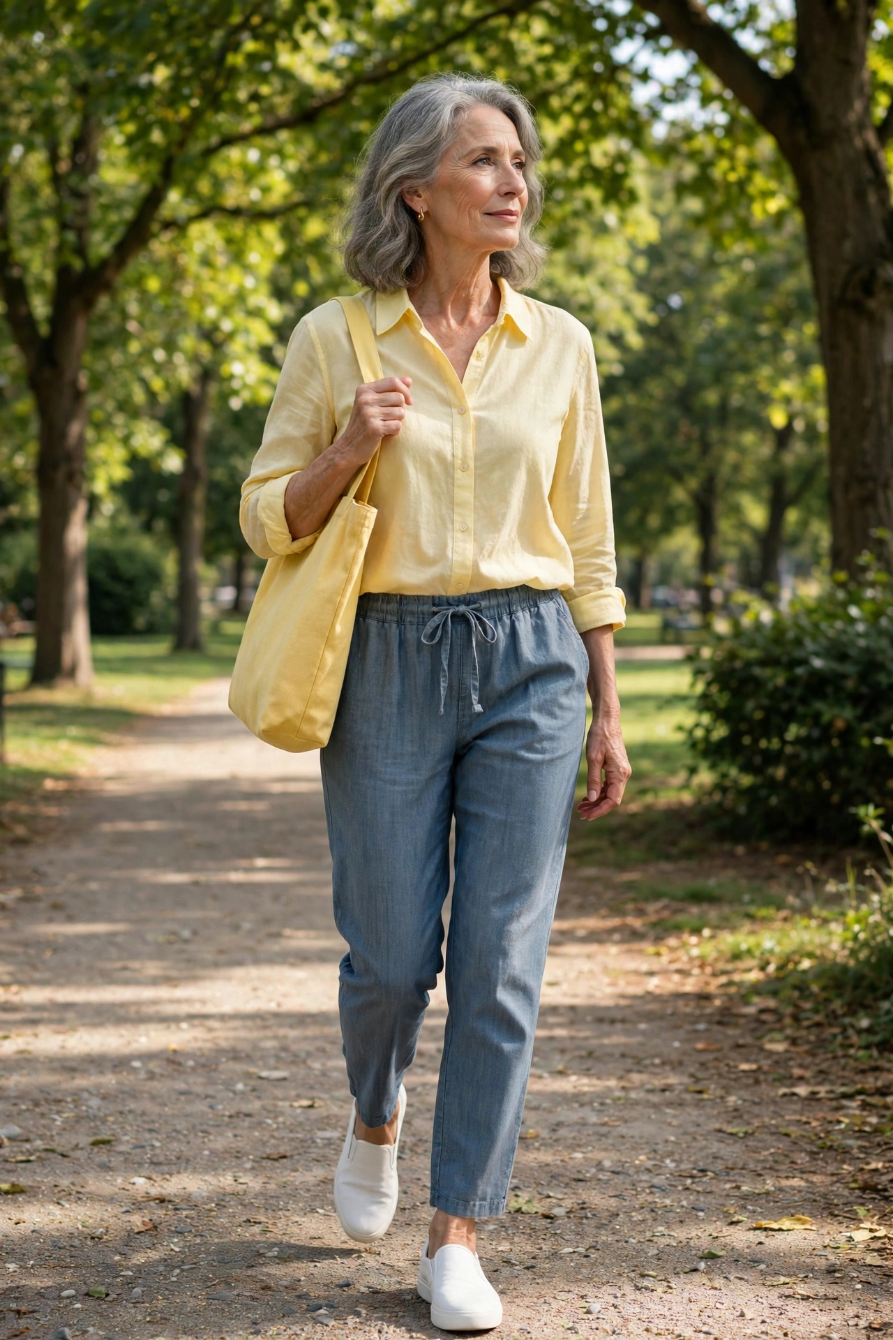 Elegant woman over 60 in a soft yellow blouse and chambray pants walking a park path