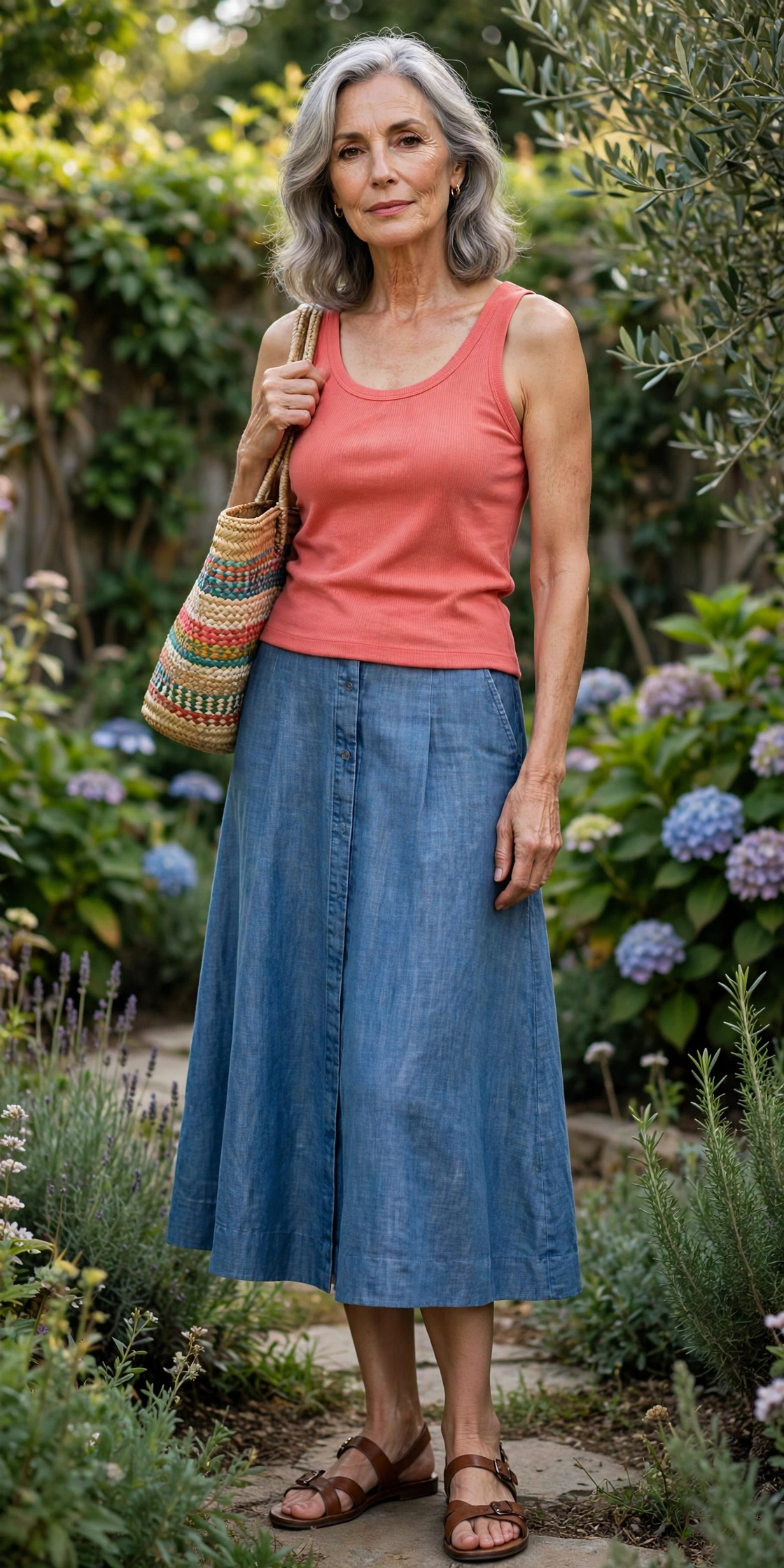 Elegant woman over 60 in a coral tank and denim-linen midi skirt in a garden
