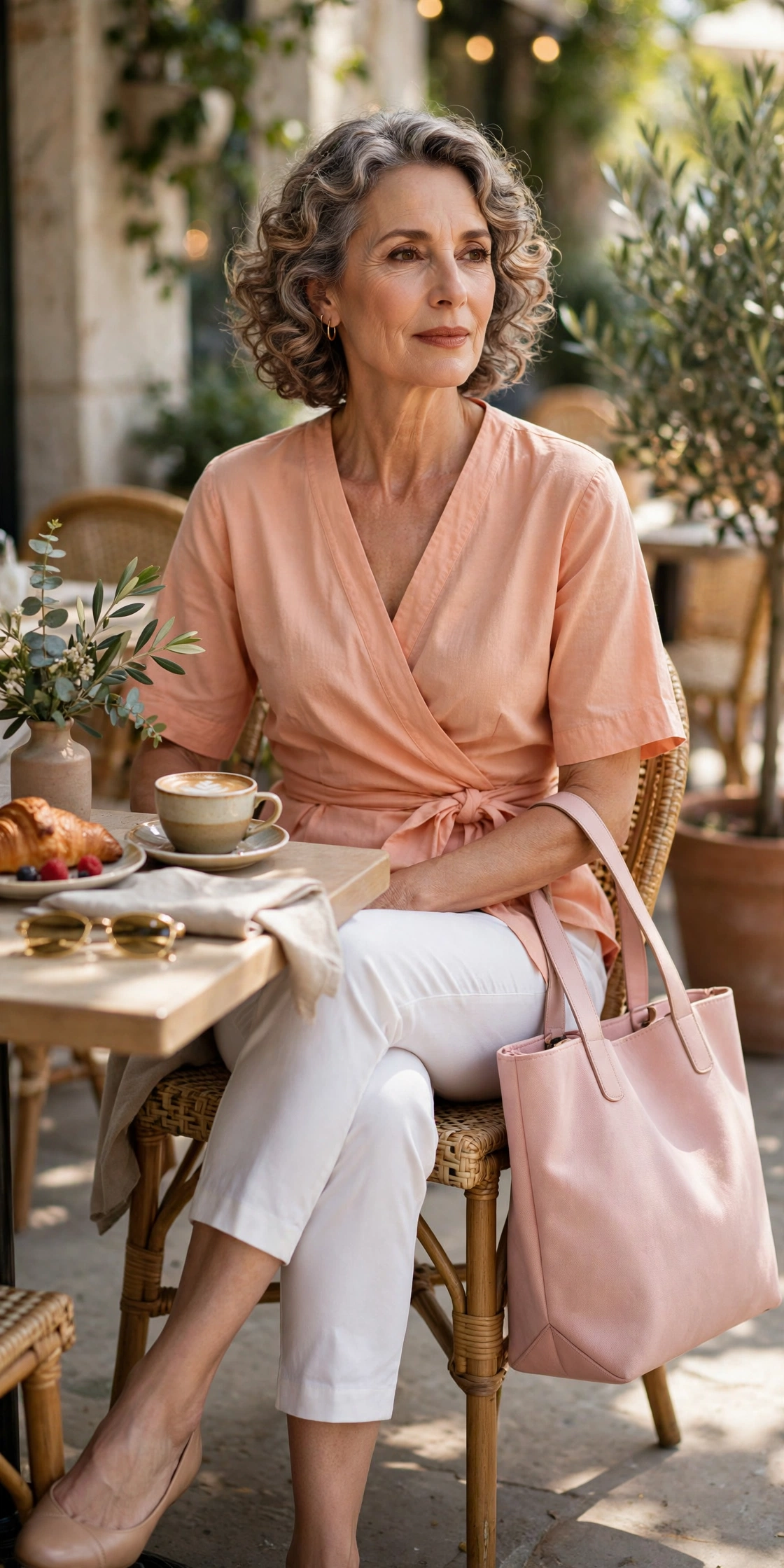 Elegant woman over 60 in a peach wrap top and white capri pants at a brunch cafe